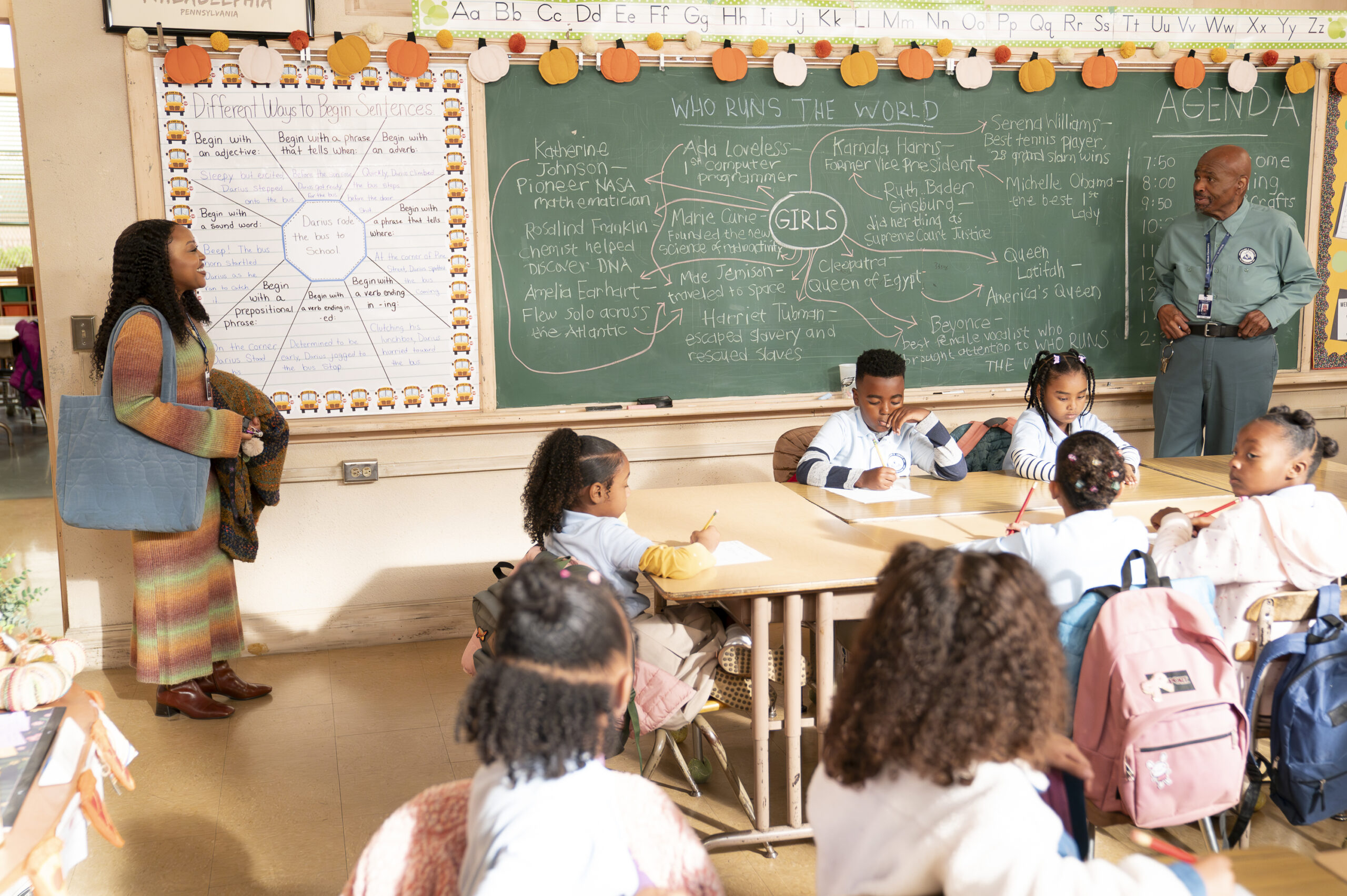 Quinta Brunson as Janine and William Stanford Davis as Mr. Johnson on Abbott Elementary Season 5 Episode 6, "No Phones."