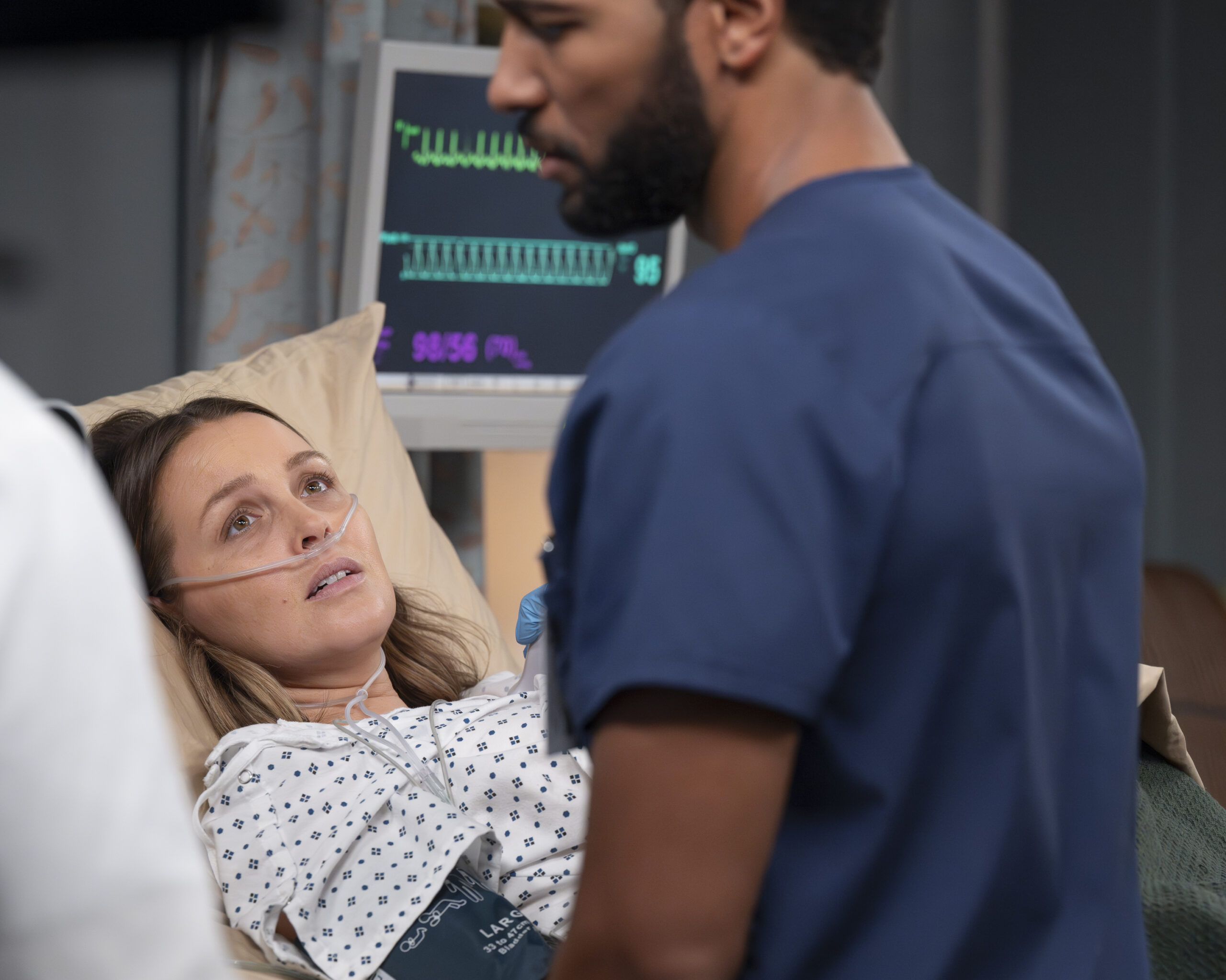 Grey's Anatomy Season 22 Episode 6 - CAMILLA LUDDINGTON as Jo, in critical condition, with Winston Ndugu