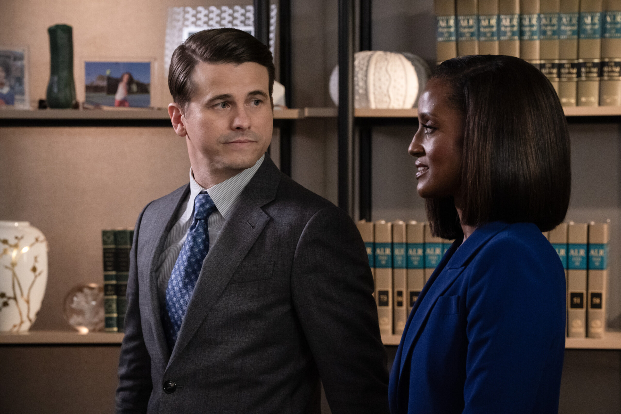 Matlock Season 2 Episode 5, "Mousetrap" - (l-r) Jason Ritter as Julian Markston and Skye P. Marshall as Olympia Lawrence