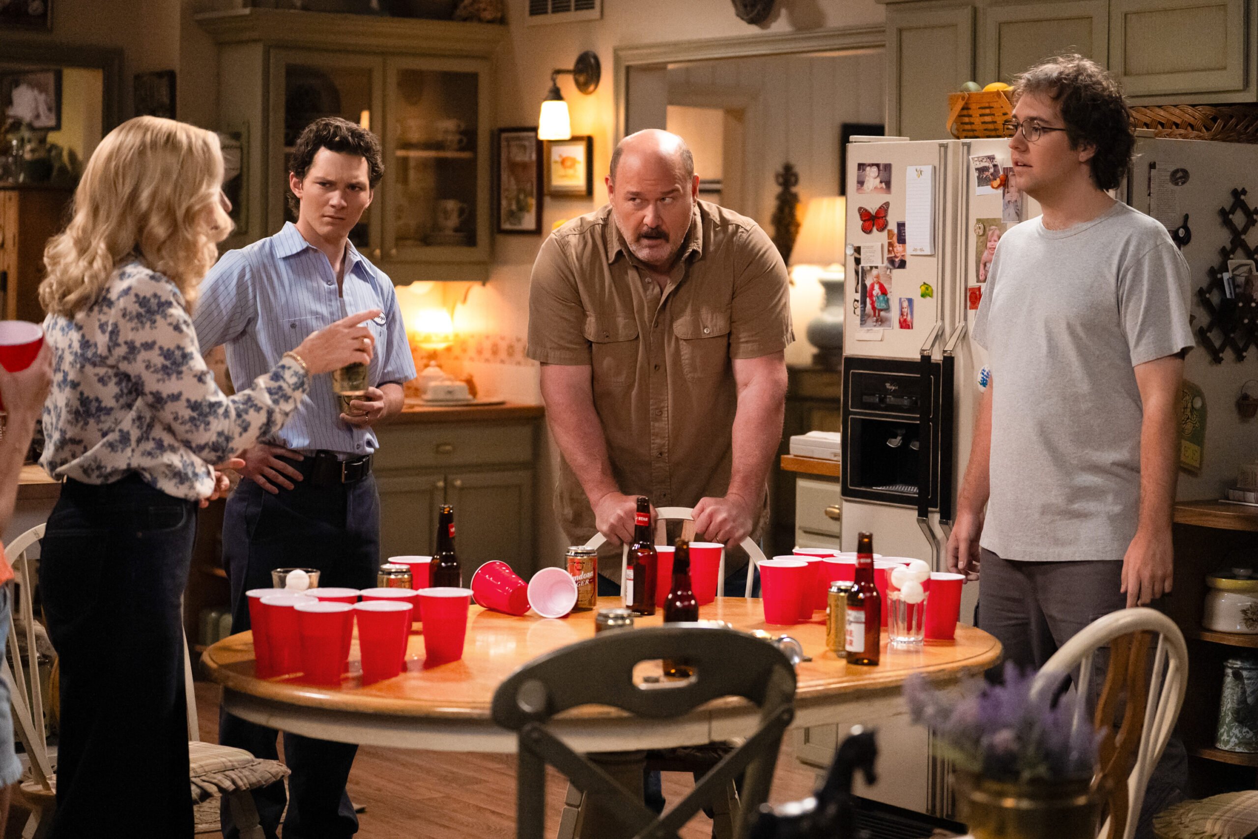 Georgie & Mandy's First Marriage Season 2 Episode 6, "Heartbreak and the Refuge of the Downtrodden" - (l-r) Rachel Bay Jones as Audrey, Montana Jordan as Georgie, Will Sasso as Jim, and Dougie Baldwin as Connor