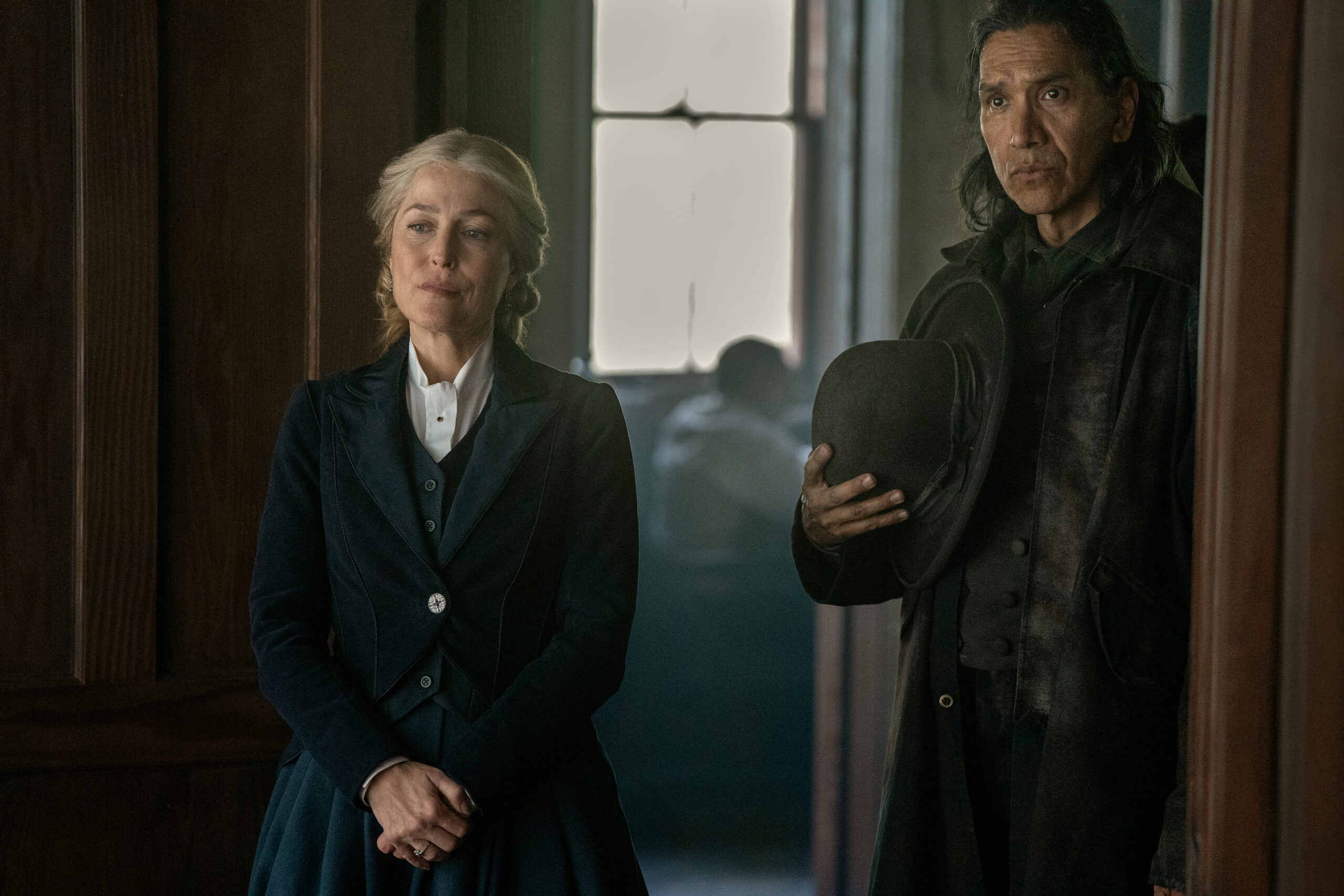 Still from The Abandons Season 1 Episode 2 of Gillian Anderson as Constance Van Ness and Michael Greyeyes as Jack Cree pictured from left to right.