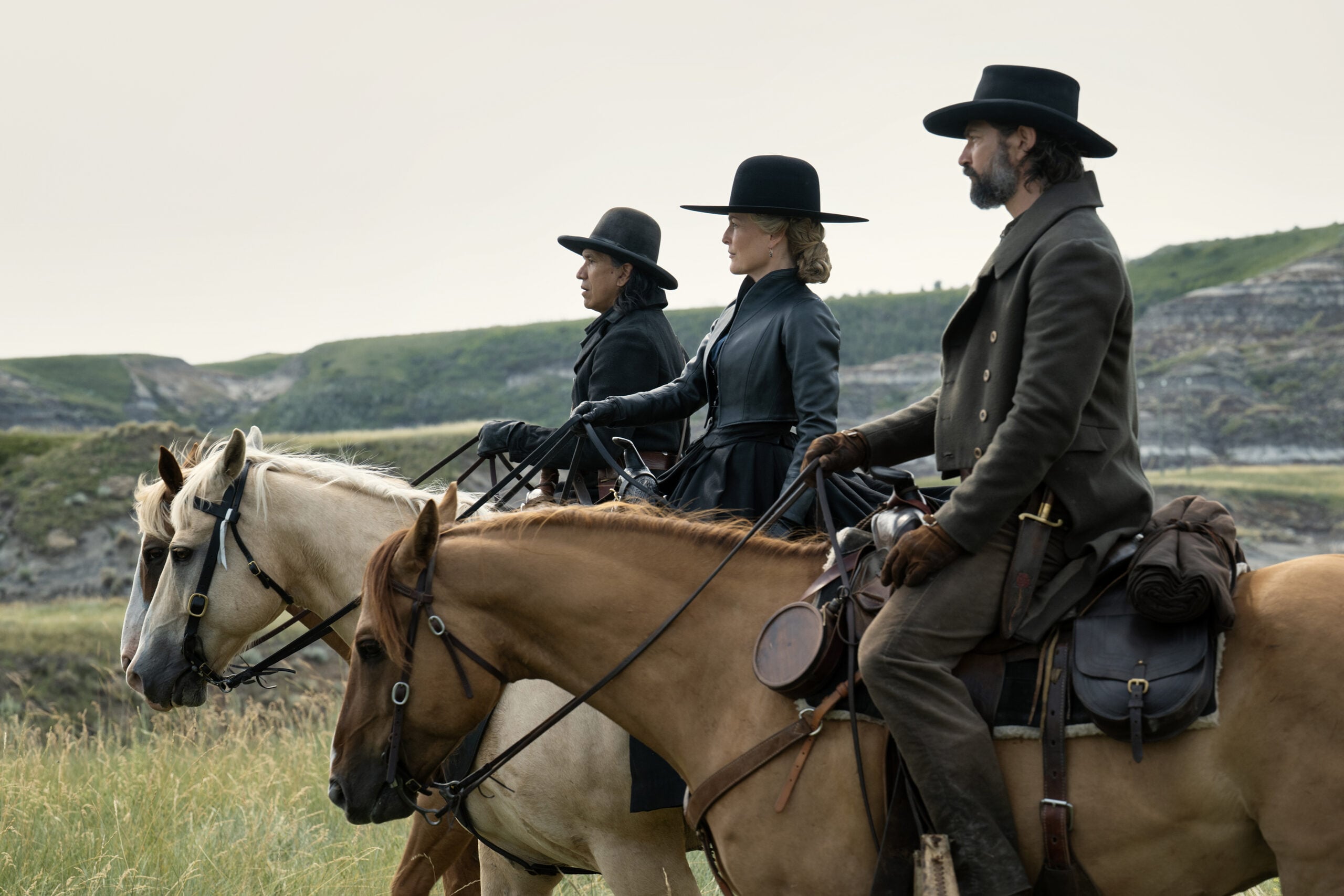 Still from The Abandons Season 1 Episode 3 of Michael Greyeyes as Jack Cree, Gillian Anderson as Constance Van Ness, and Michiel Huisman as Roache pictured from left to right.
