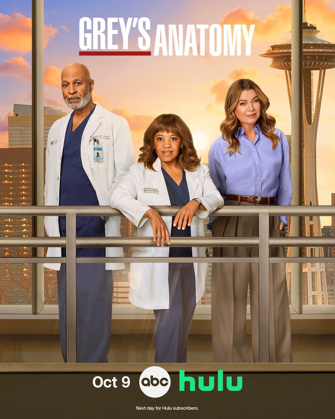 Grey's Anatomy Season 22 KEY ART poster featuring James Pickens Jr. as Richard Webber, Chandra Wilson as Miranda Bailey, and Ellen Pompeo as Meredith Grey. | Tell-Tale TV Grey's Anatomy Season 22 KEY ART poster featuring James Pickens Jr. as Richard Webber, Chandra Wilson as Miranda Bailey, and Ellen Pompeo as Meredith Grey. Richard and Bailey are in white coats, and Meredith is wearing a blue blouse.