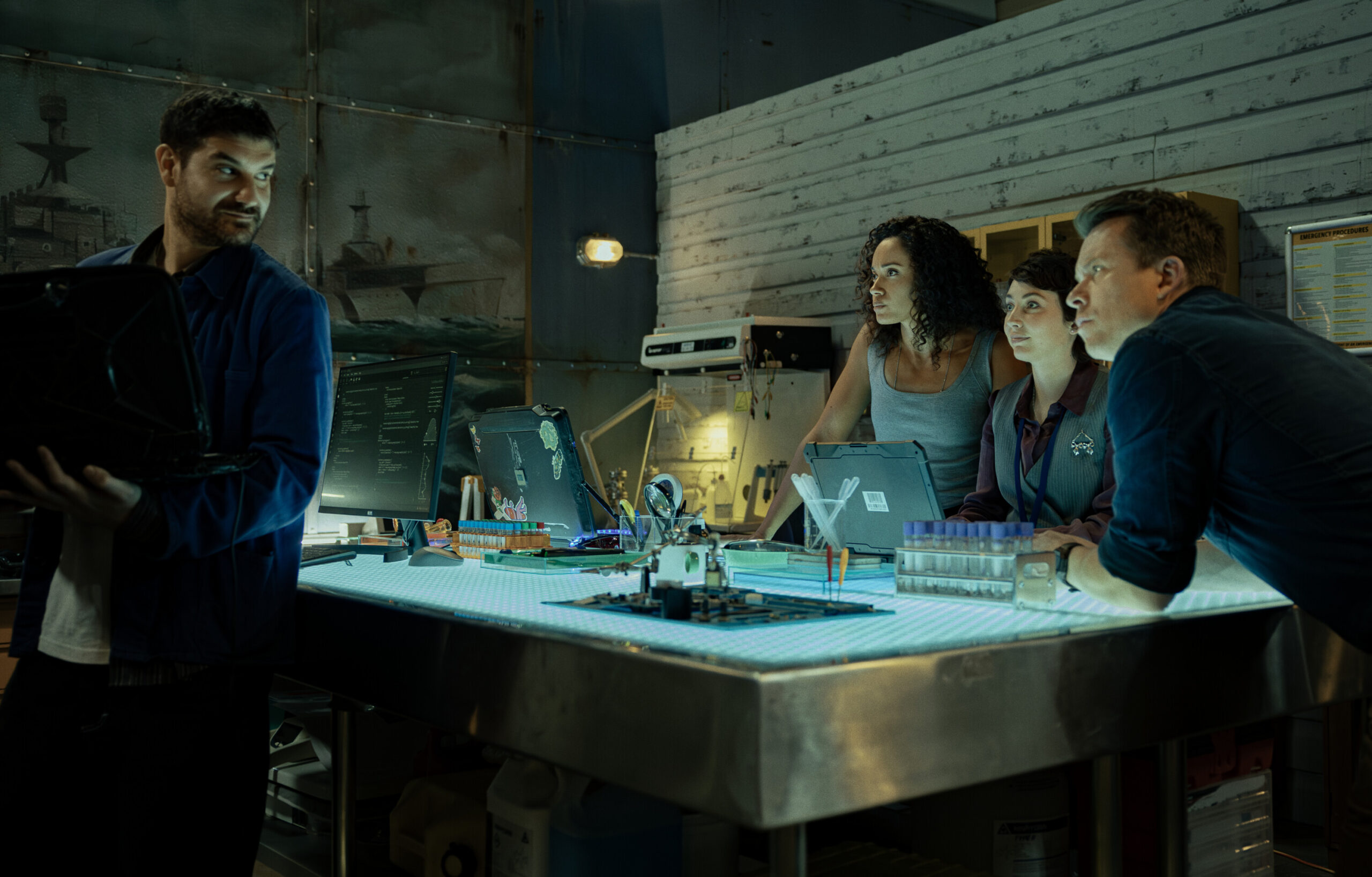 NCIS: Sydney Season 3 Episode 5, "Black Is White" -- Claude Jabbour as Travis “Trigger” Riggs, Olivia Swann as NCIS Special Agent Captain Michelle Mackey, Mavournee Hazel as Forensic Pathologist Bluebird 'Blue' Gleeson and Todd Lasance as AFP Liaison Officer Sergeant Jim 'JD' Dempsey