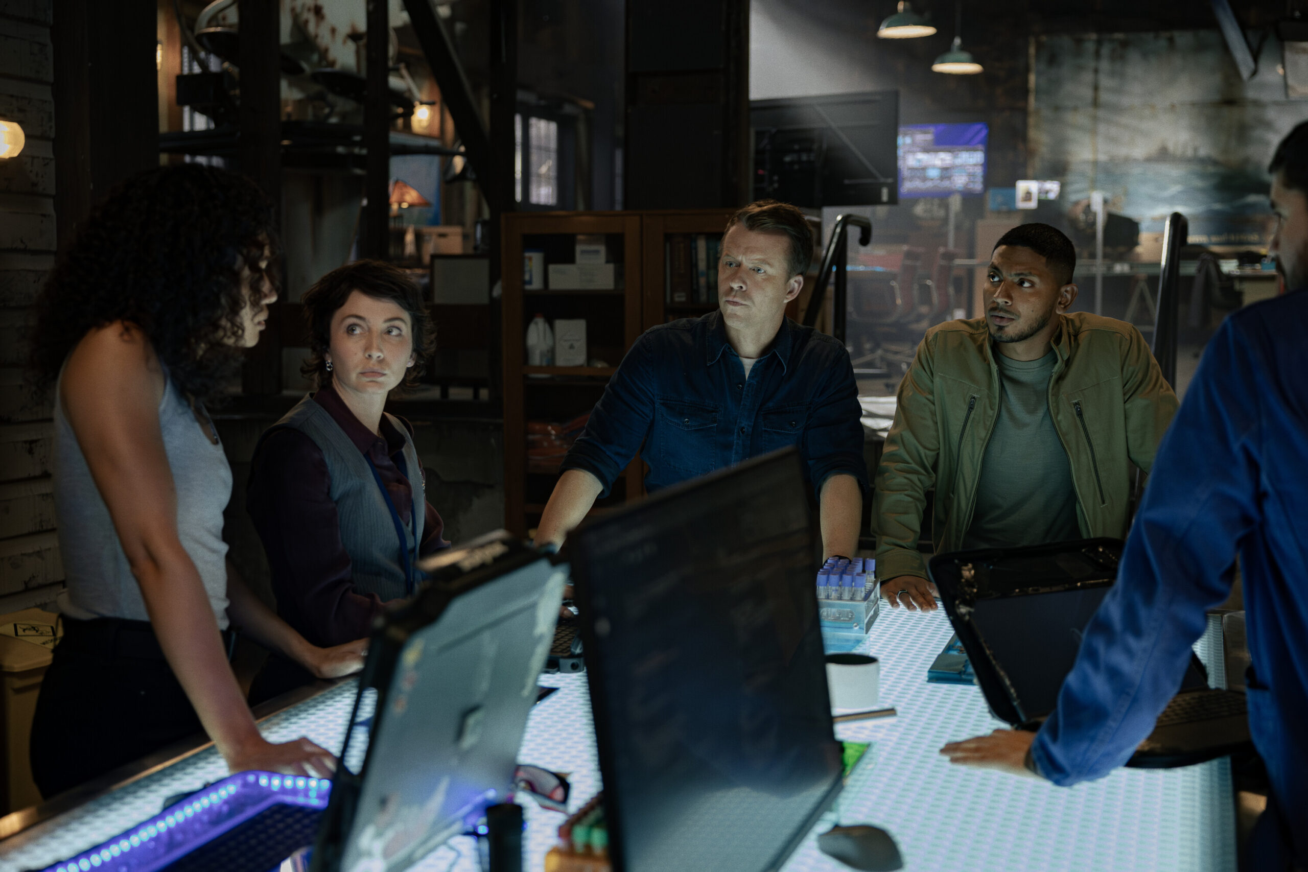 NCIS: Sydney Season 3 Episode 5, "Black Is White" -- Olivia Swann as NCIS Special Agent Captain Michelle Mackey, Mavournee Hazel as Forensic Pathologist Bluebird 'Blue' Gleeson, Todd Lasance as AFP Liaison Officer Sergeant Jim 'JD' Dempsey and Sean Sagar as NCIS Special Agent DeShawn Jackson