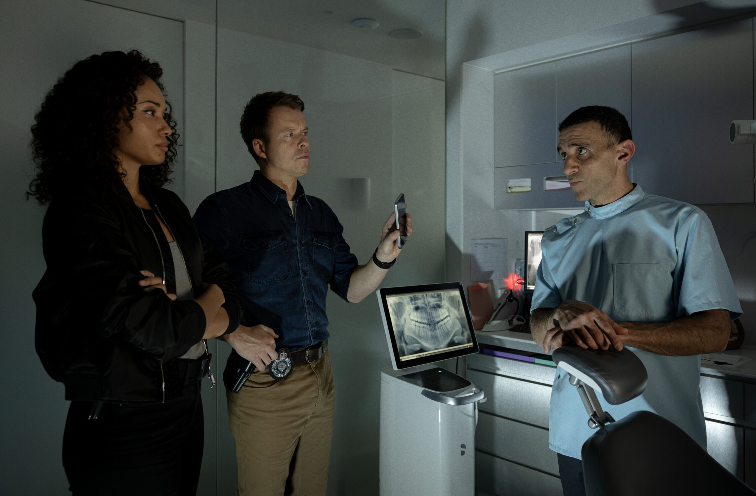 NCIS: Sydney Season 3 Episode 5, "Black Is White" -- Olivia Swann as NCIS Special Agent Captain Michelle Mackey, Todd Lasance as AFP Liaison Officer Sergeant Jim 'JD' Dempsey, and Hazem Shammas as Hassan Saberi