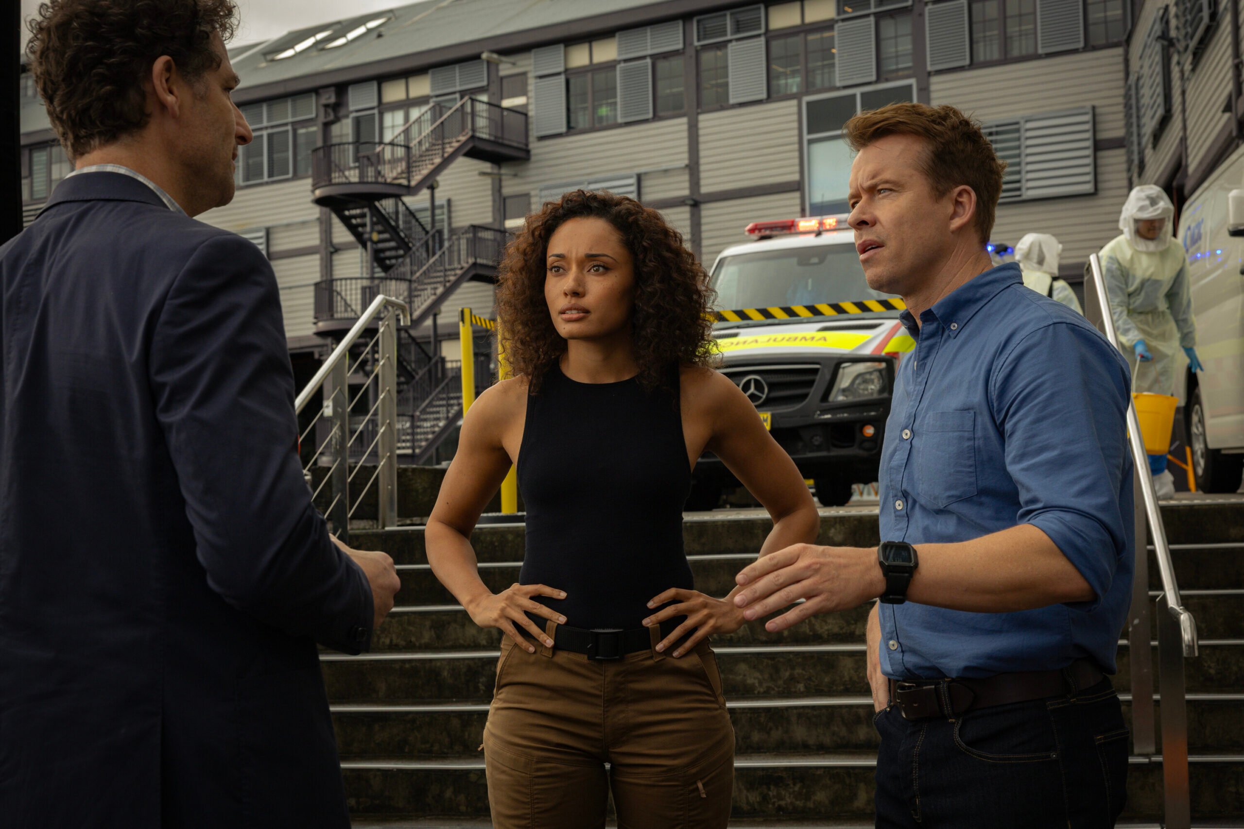 NCIS: Sydney Season 3 Episode 6, "Sucker Punch" -- Rupert Reid as Dr. Ben Kaplan, Olivia Swann as NCIS Special Agent Captain Michelle Mackey and Todd Lasance as AFP Liaison Officer Sergeant Jim 'JD' Dempsey