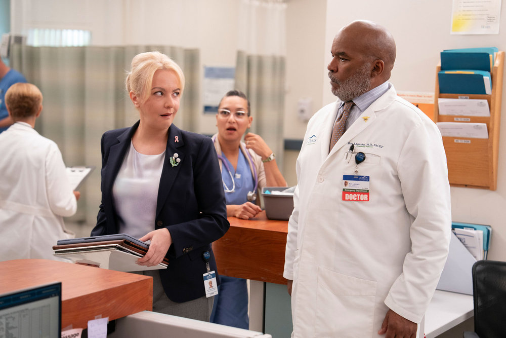 St. Denis Medical Season 2 Episode 3, "Get Me in The Pod," - (l-r) Wendi Mclendon-Covey as Joyce and David Alan Grier as Dr. Ron