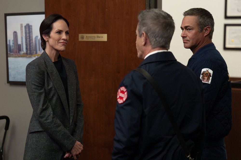 Chicago Fire Season 14 Episode 6, "Broken Things" - (l-r) Annabeth Gish as Annette Davis, Dermot Mulroney as Dom Pascal, and Taylor Kinney as Kelly Severide