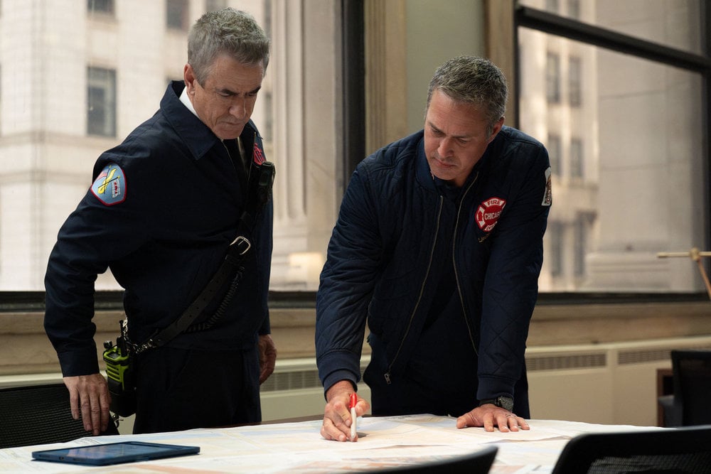 Chicago Fire Season 14 Episode 6, "Broken Things" - (l-r) Dermot Mulroney as Dom Pascal and Taylor Kinney as Kelly Severide