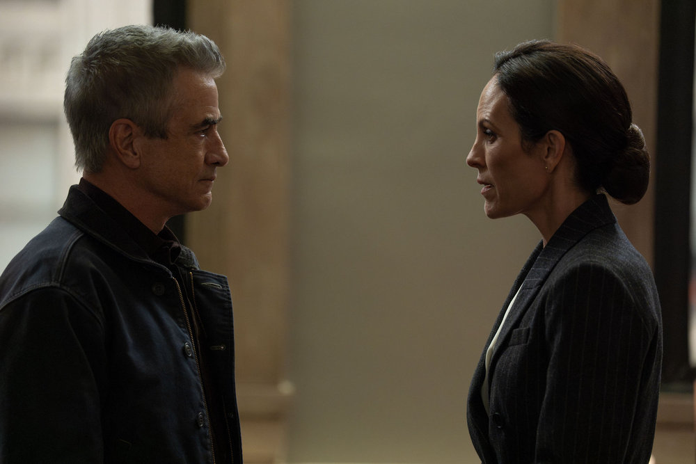 Chicago Fire Season 14 Episode 6, "Broken Things" - (l-r) Dermot Mulroney as Dom Pascal and Annabeth Gish as Annette Davis
