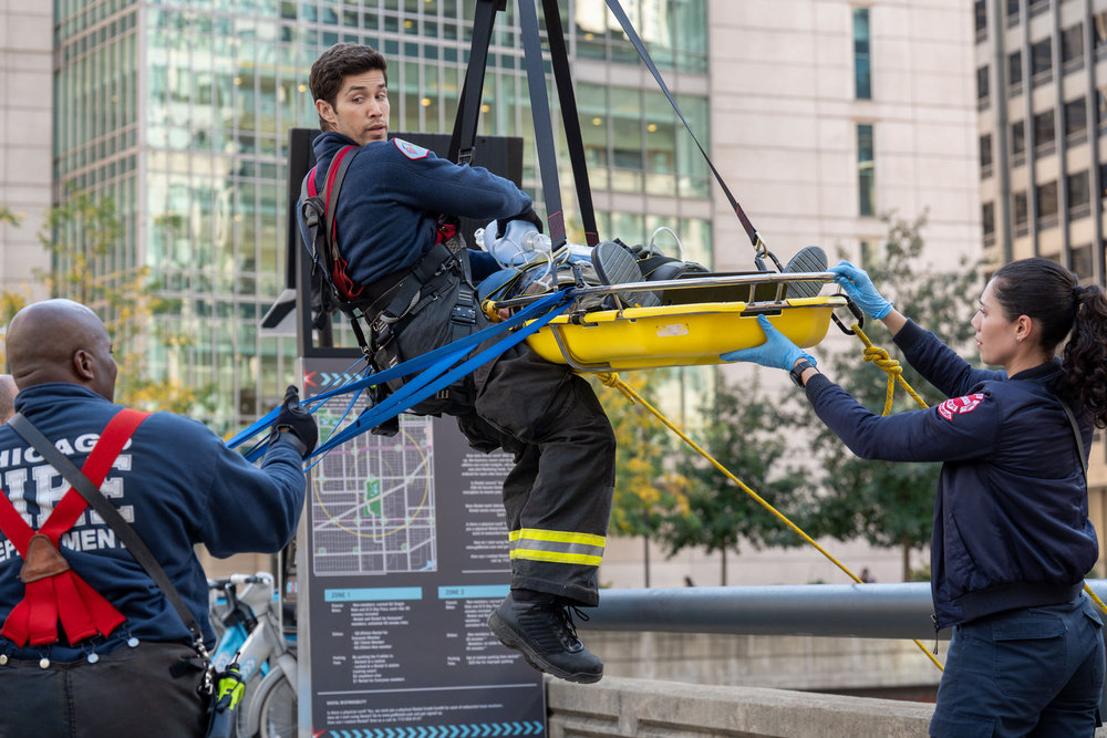 Chicago Fire Season 14 Episode 6, "Broken Things" - (l-r) Brandon Larracuente as Firefighter Sal Vasquez and Hanako Greensmith as Violet Mikami