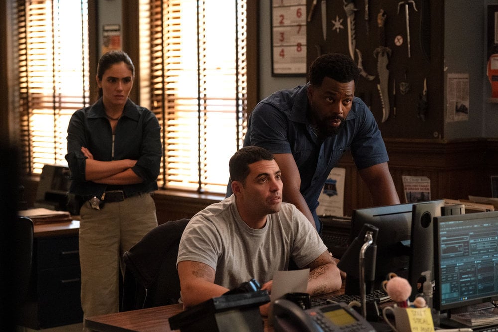 Chicago P.D. Season 13 Episode 7, "Impulse Control," - (l-r) Arienne Mandi as Eva Imani, Benjamin Levy Aguilar as Dante Torres, and LaRoyce Hawkins as Officer Kevin Atwater