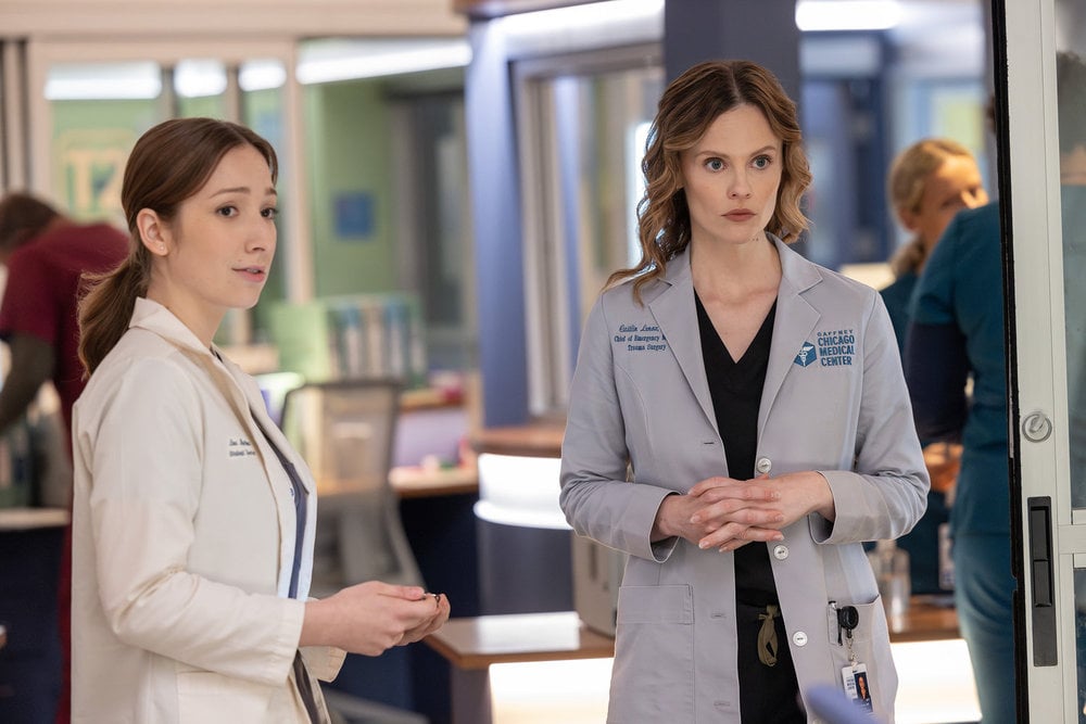 Chicago Med Season 11 Episode 7, "Double Down," - (l-r) Abrial Bonilla as Med Student Lina Martinez and Sarah Ramos as Dr. Caitlin Lenox