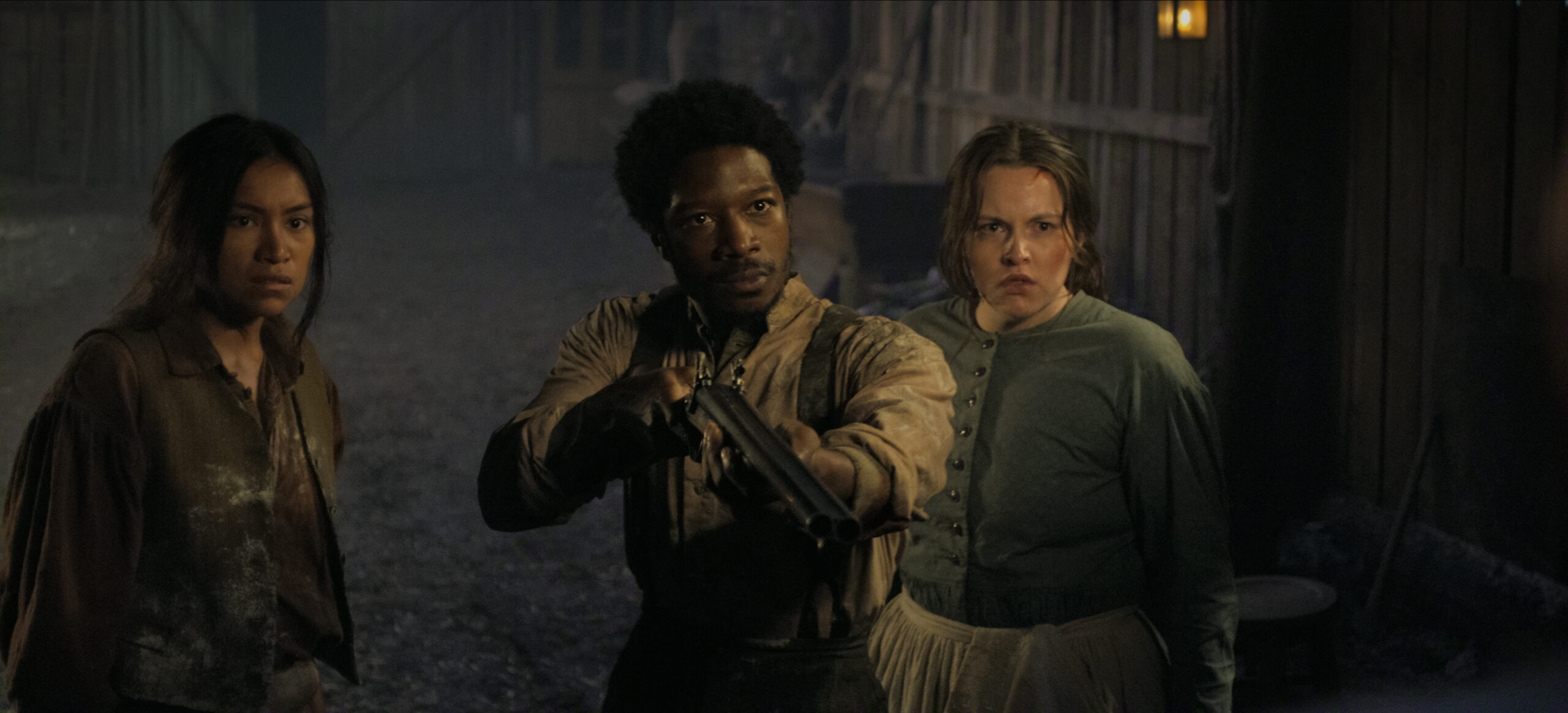 Still from The Abandons Season 1 Episode 1 of Natalia del Riego as Lilla Belle, Lamar Johnson as Albert Mason, and Katelyn Wells as Samara Alderton pictured from left to right.