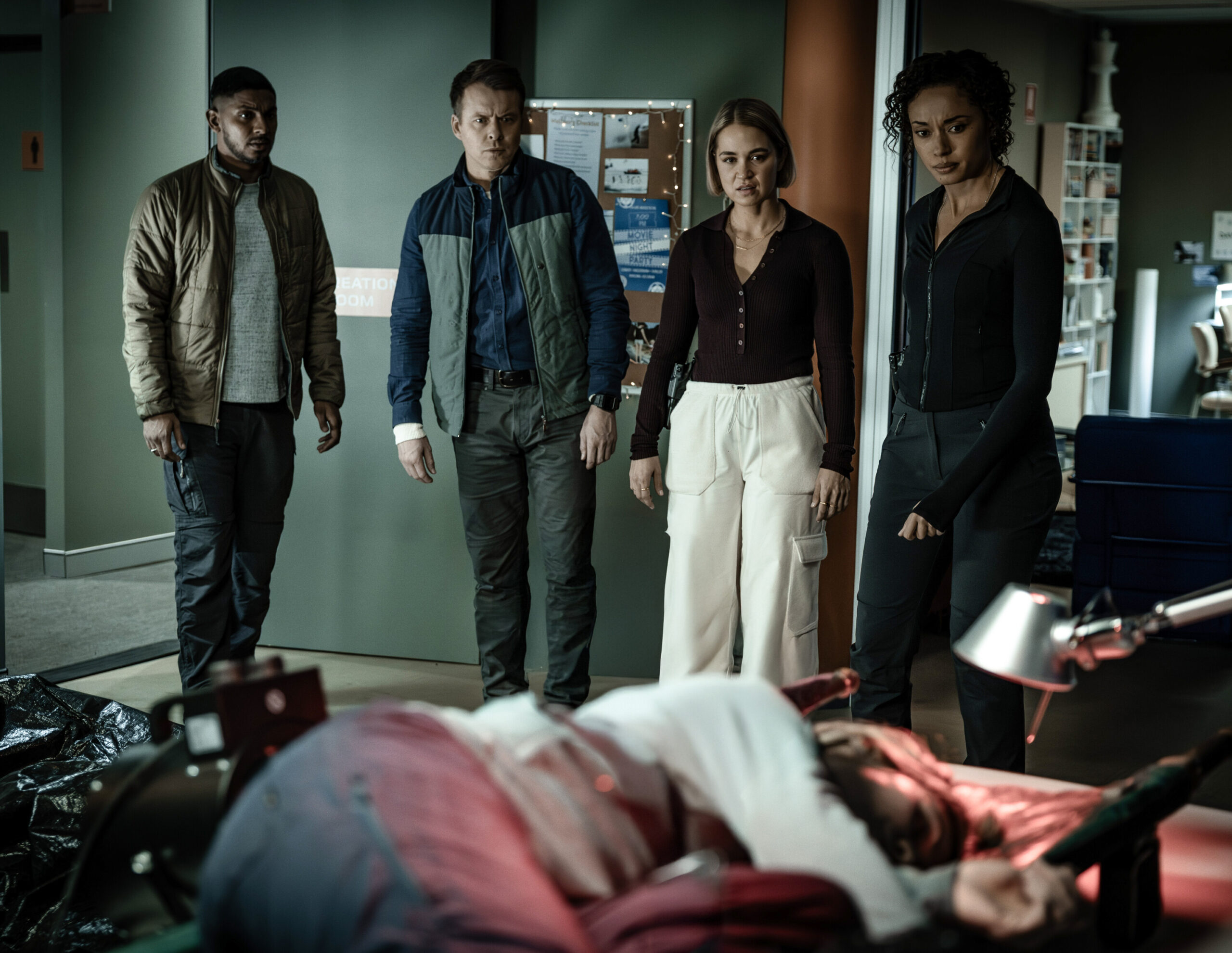 NCIS: Sydney Season 3 Episode 9, "South of Nowhere" -- Sean Sagar as NCIS Special Agent DeShawn Jackson, Todd Lasance as AFP Liaison Officer Sergeant Jim 'JD' Dempsey, Tuuli Narkle as AFP Liaison Officer Constable Evie Cooper, and Olivia Swann as NCIS Special Agent Captain Michelle Mackey