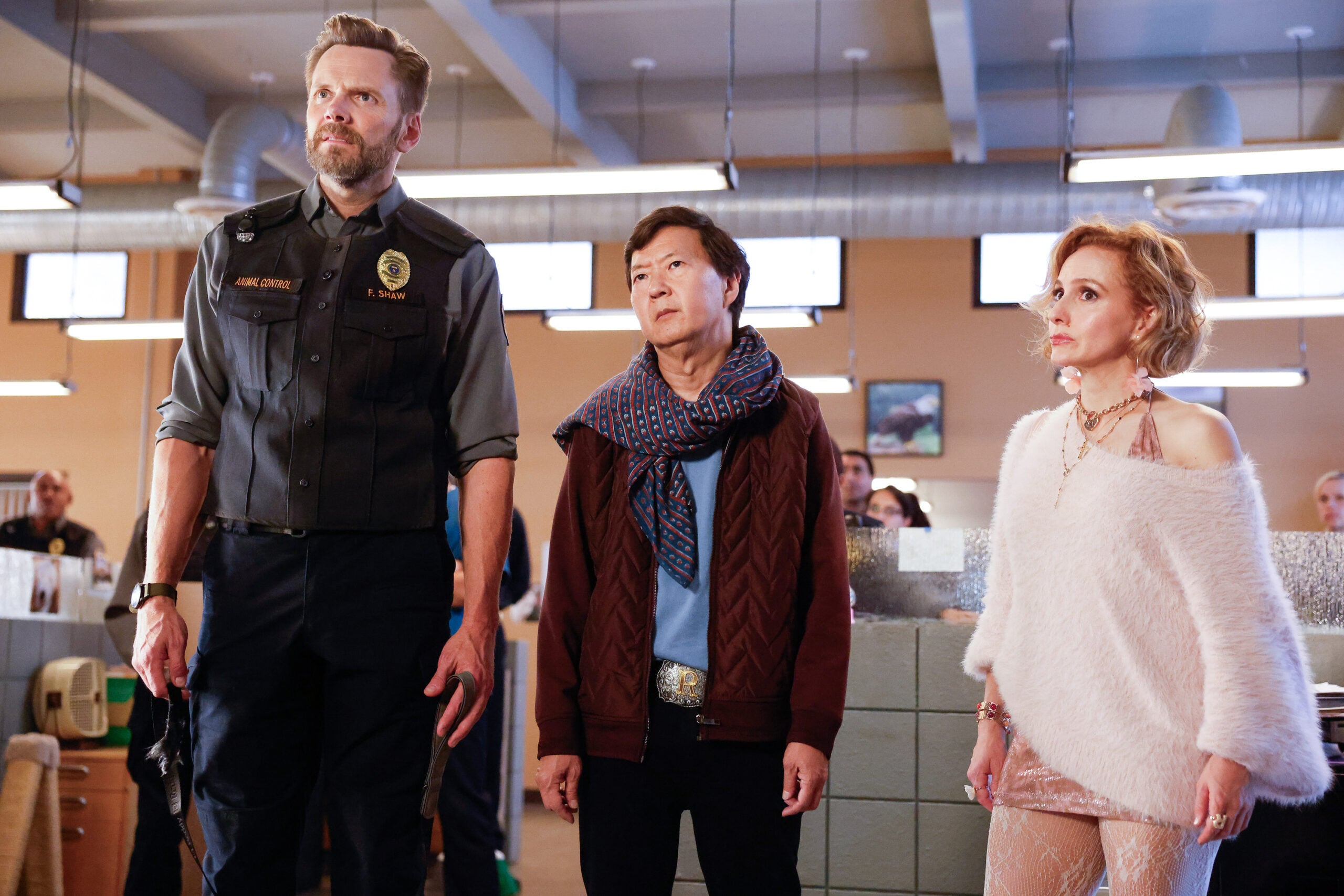 Animal Control Season 4 Episode 4, "Lost Dogs and Bar Flies" -- Joel McHale, Ken Jeong and Kayla Deorksen