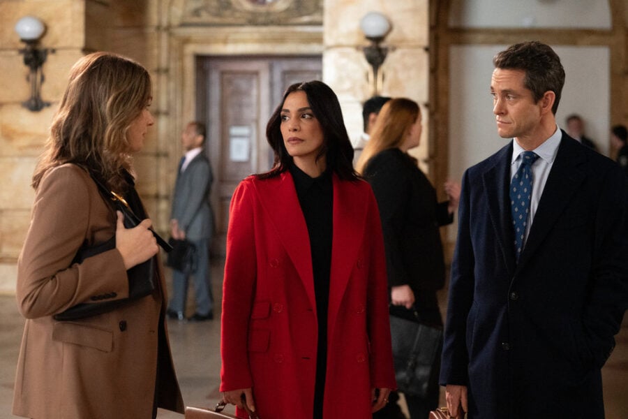 Law & Order Season 25 Episode 11, "The Enemy of All Women" - (l-r) Virginia Kull as Vanessa Barret, Odelya Halevi as ADA Samantha Maroun, and Hugh Dancy as ADA Nolan Price
