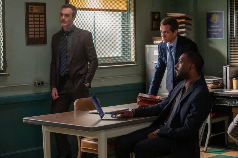 Law & Order Season 25 Episode 12, "Never Say Goodbye," - (l-r) Reid Scott as Detective Vincent Riley, Hugh Dancy as ADA Nolan Price, and David Ajala as Det. Theo Walker