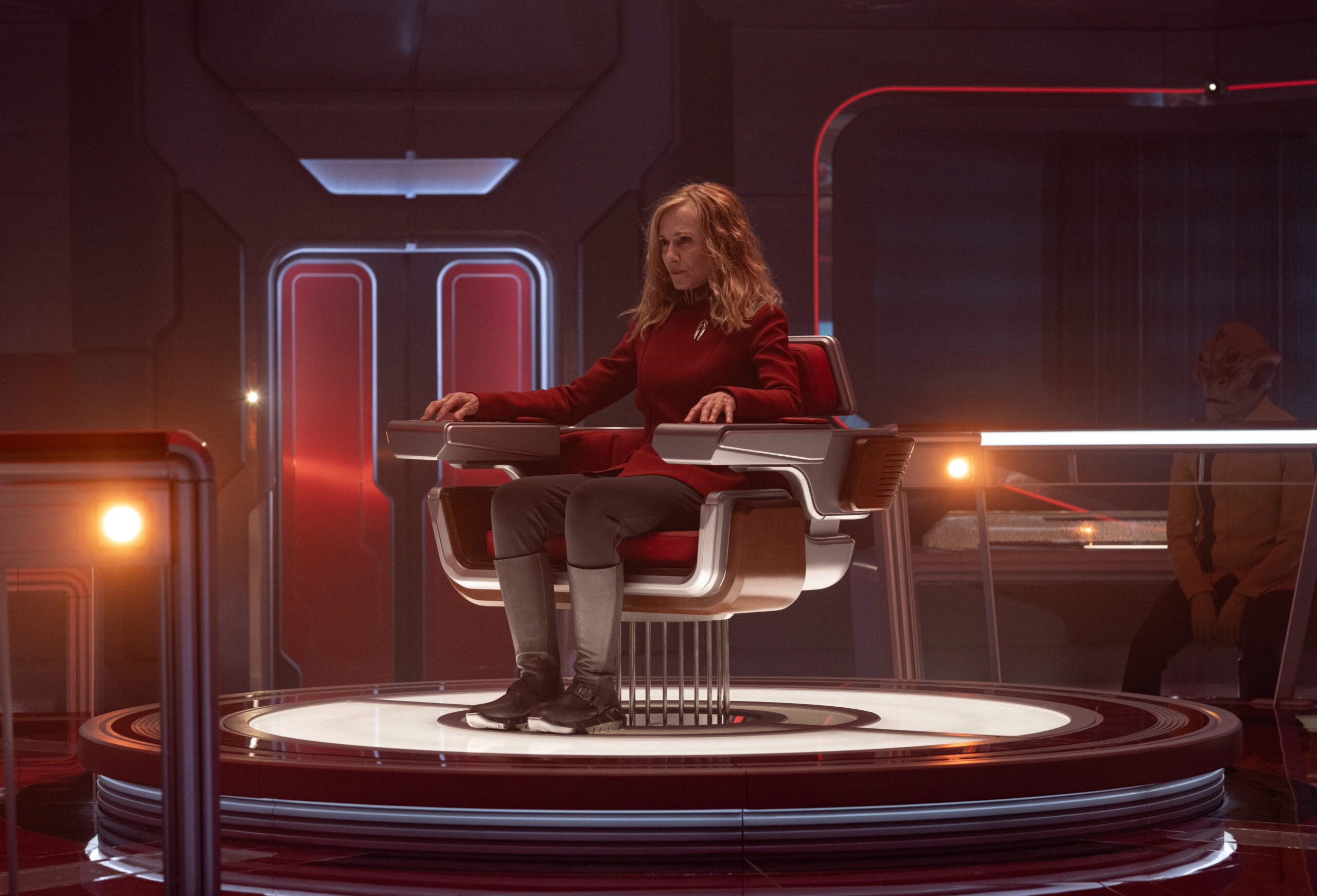 Still from Star Trek: Starfleet Academy Season 1 Episode 1 of Holly Hunter as Chancellor Nahla Ake.