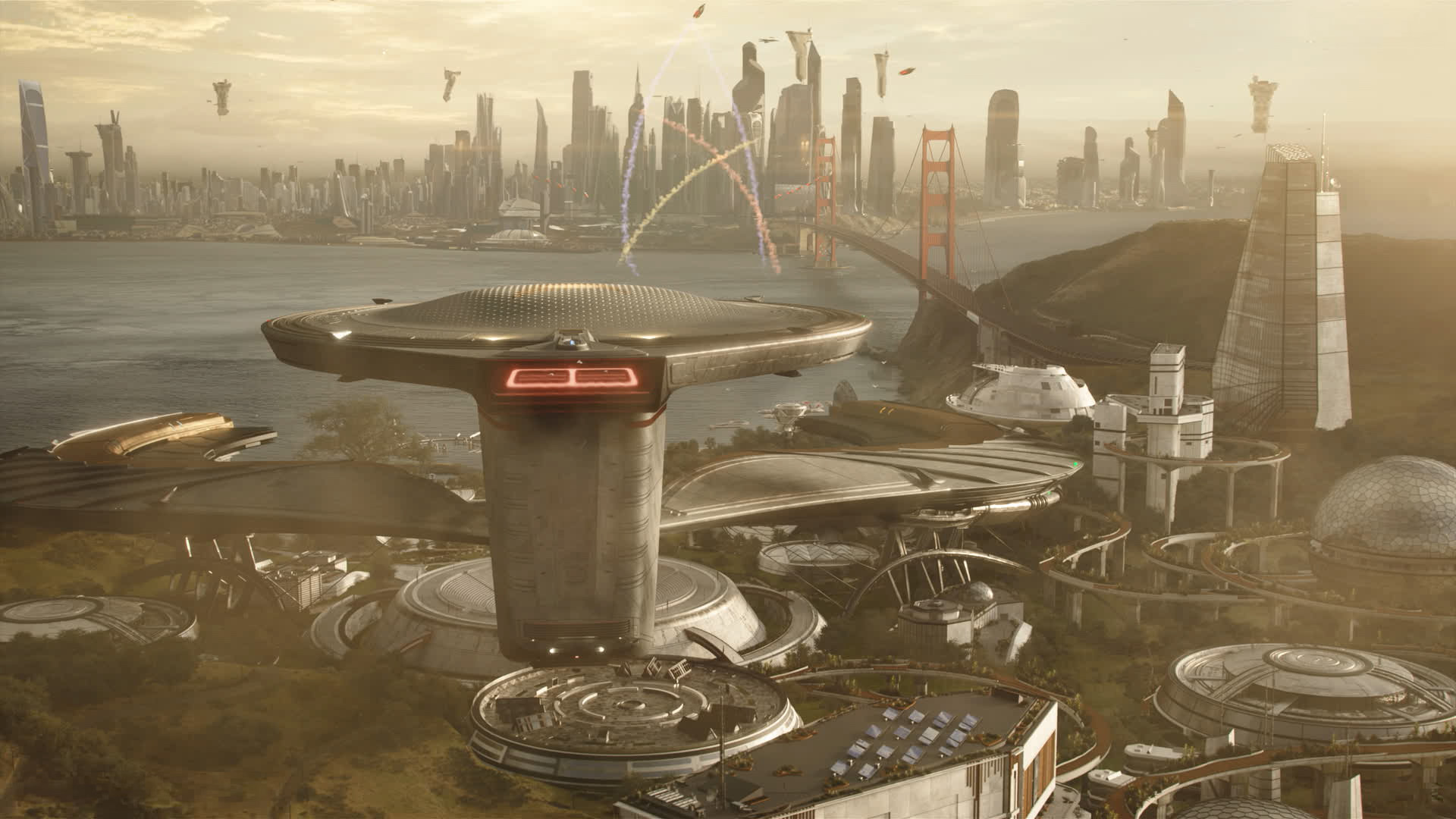 Still from Star Trek: Starfleet Academy Season 1 Episode 2 of a futuristic skyline.