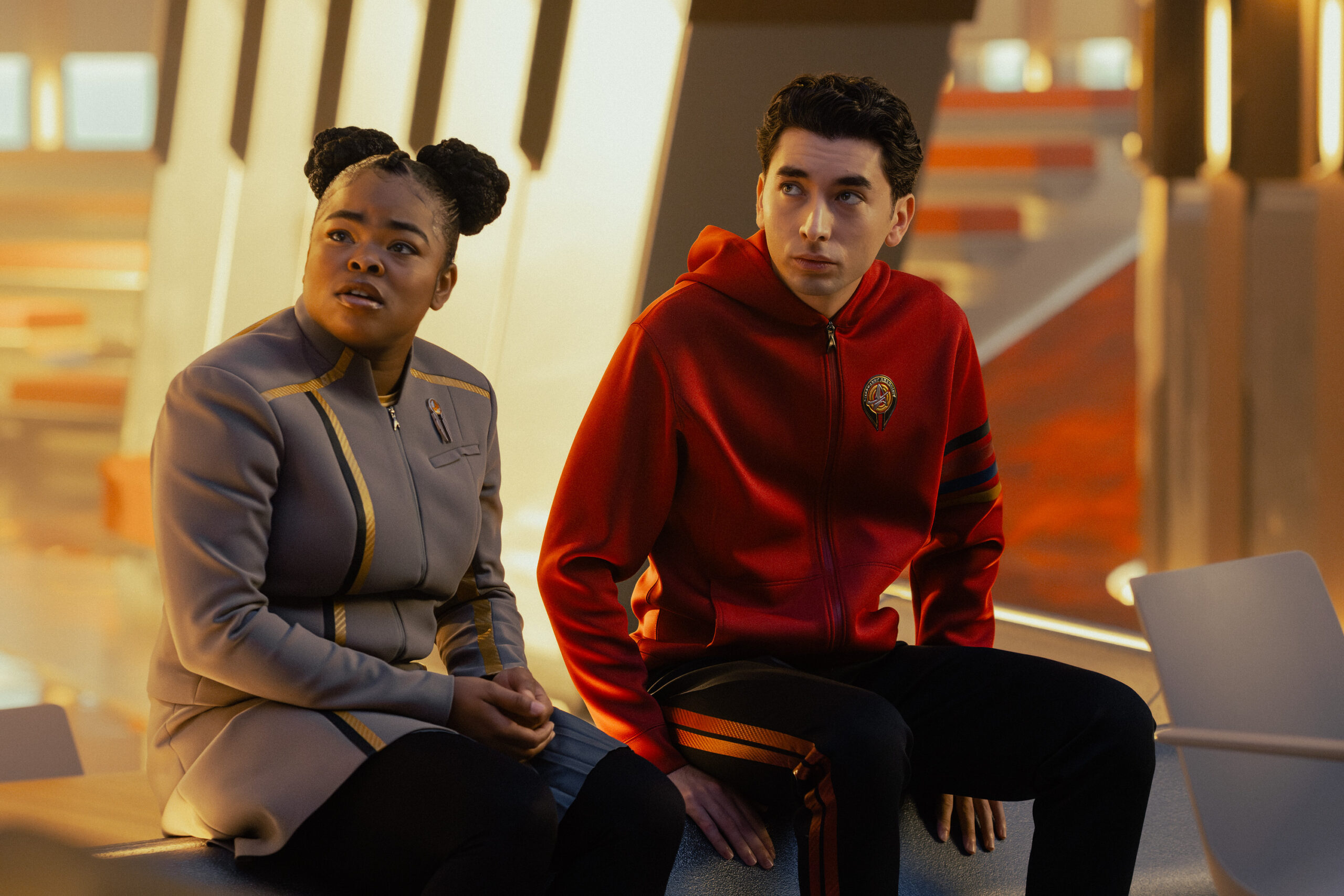 Still from Star Trek: Starfleet Academy Season 1 Episode 3 of Kerrice Brooks as Sam and Romeo Carere as Ocam Sadal pictured from left to right.