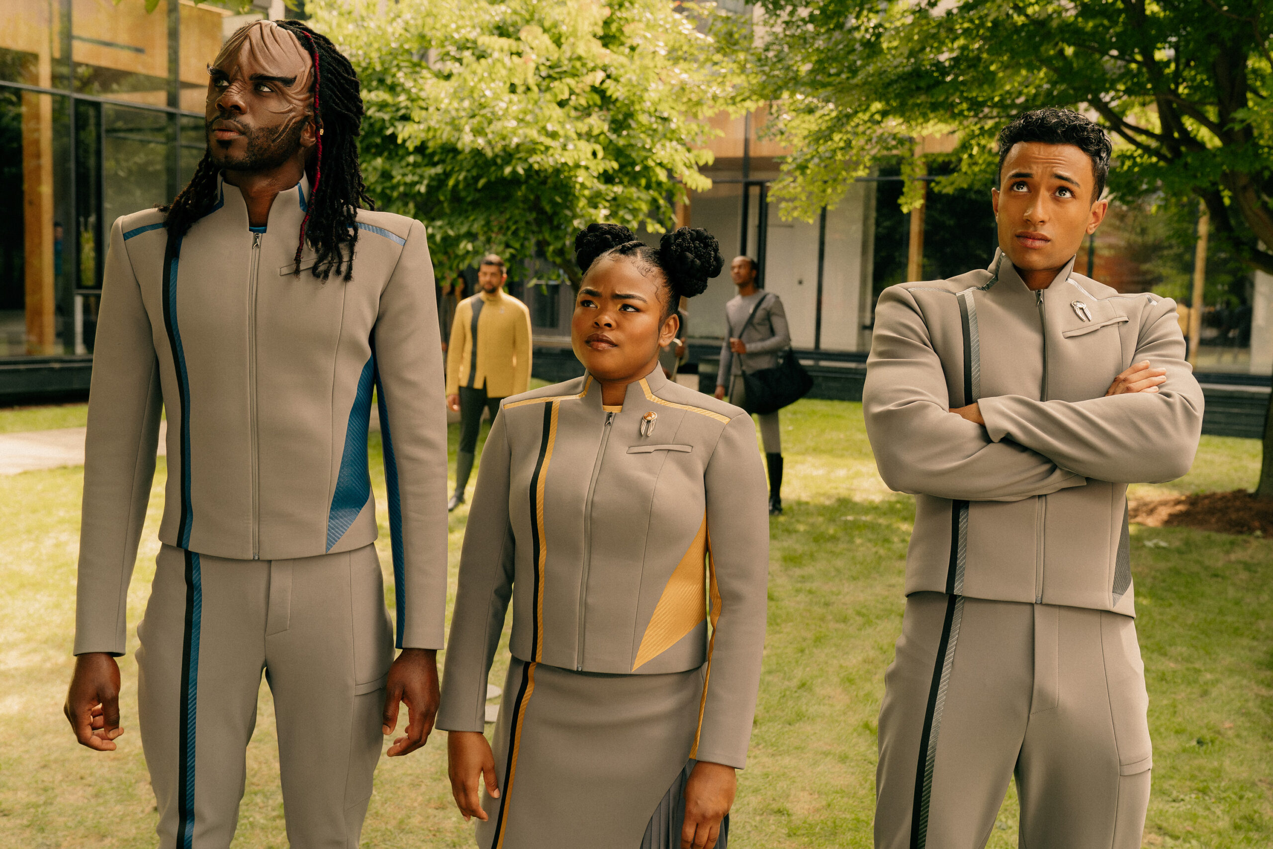 Still from Star Trek: Starfleet Academy Season 1 Episode, Vitus Reflux: Karim Diane as Jay-Den Kraag, Kerrice Brooks as Sam and Sandro Rosta as Caleb Mir pictured from left to right.