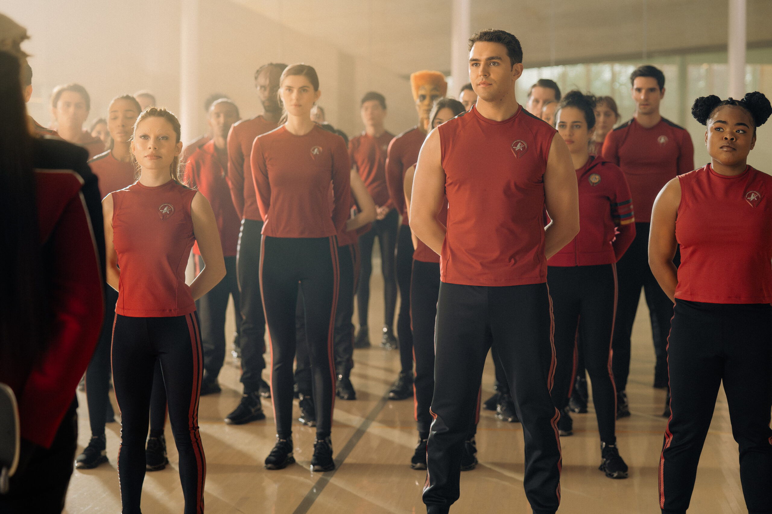 Still from Star Trek: Starfleet Academy Season 1 Episode 3 of Bella Shepard as Genesis Lythe and George Hawkins as Darem Reymi pictured from left to right.