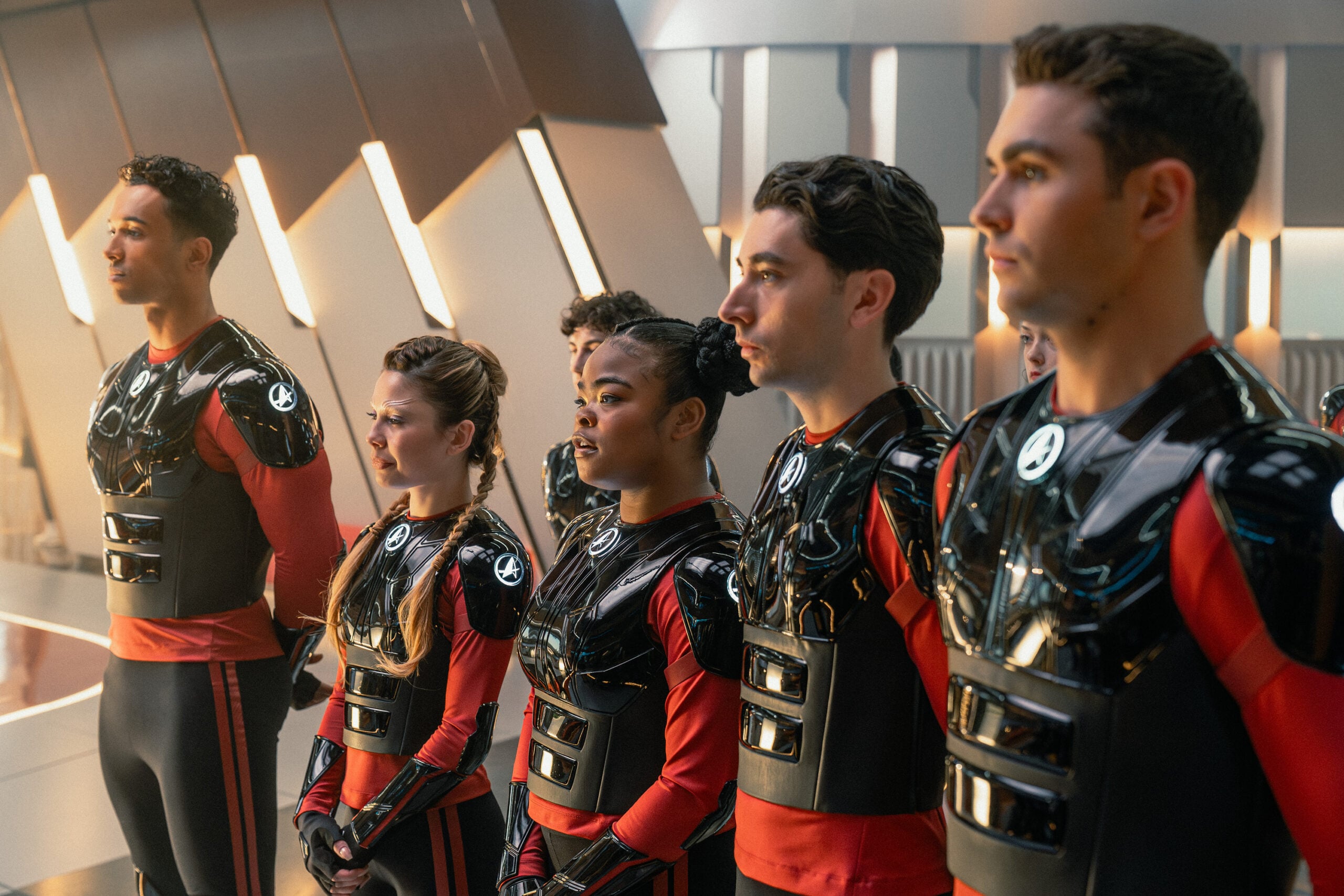Still from Star Trek: Starfleet Academy Season 1 Episode 3, Vitus Reflux: Sandro Rosta as Caleb Mir, Bella Shepard as Genesis Lythe, Kerrice Brooks as Sam, Romeo Carere as Ocam Sadal and George Hawkins as Darem Reymi pictured from left to right.