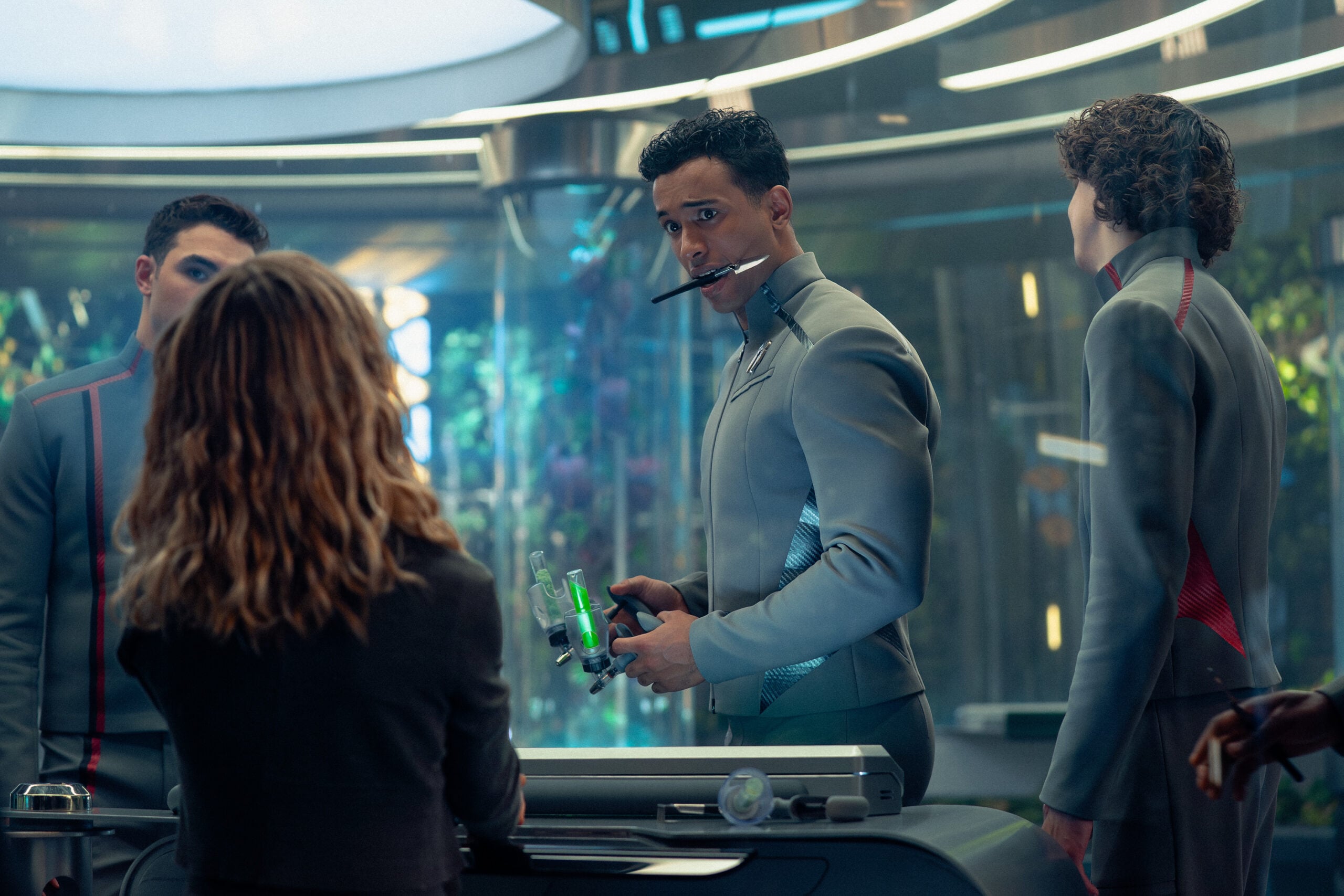 Still from Star Trek: Starfleet Academy Season 1 Episode 3, Vitus Reflux: Sandro Rosta as Caleb Mir.