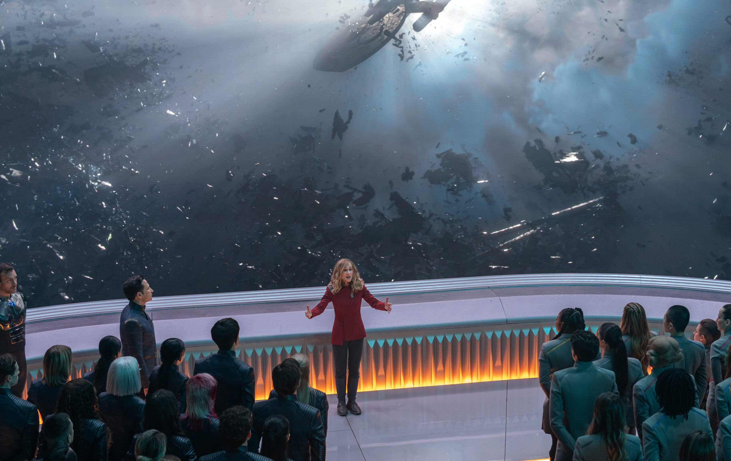 Still from Star Trek Season 1 Episode 3 of George Hawkins, Kerrice Brooks, Joseph Messina and Sandro Rosta pictured from left to right.