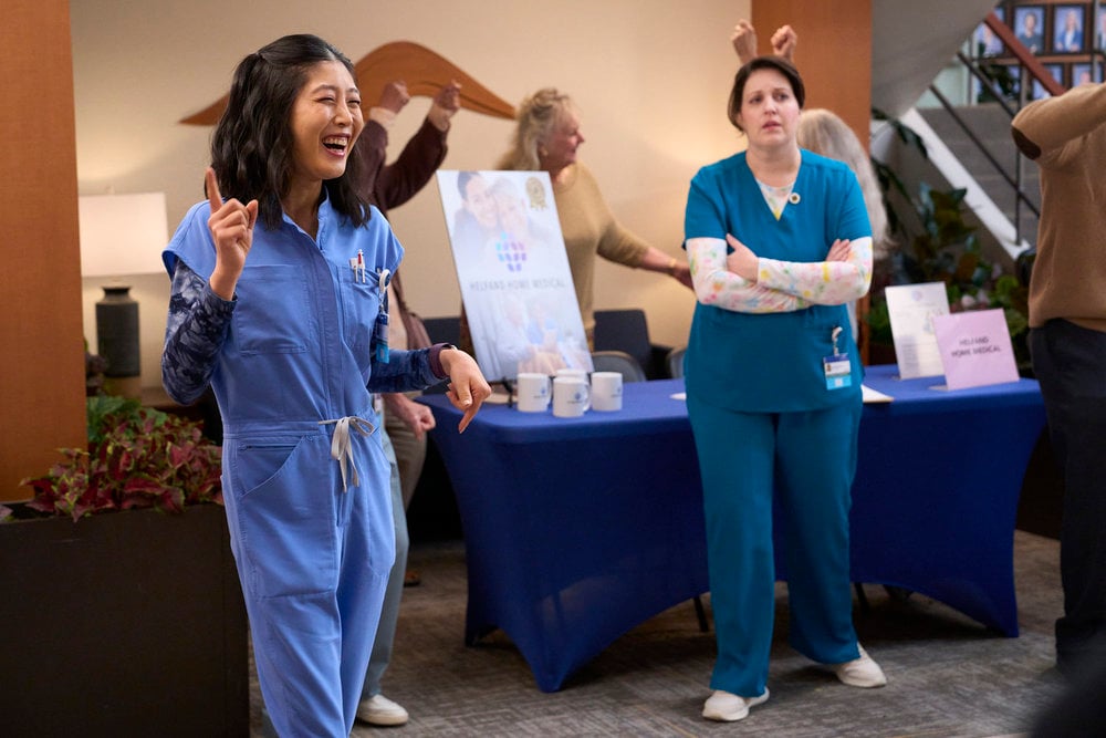 Kahyun Kim as Serena and Allison Tolman as Alex on St. Denis Medical Season 2 Episode 11, This Isn't Bingo.