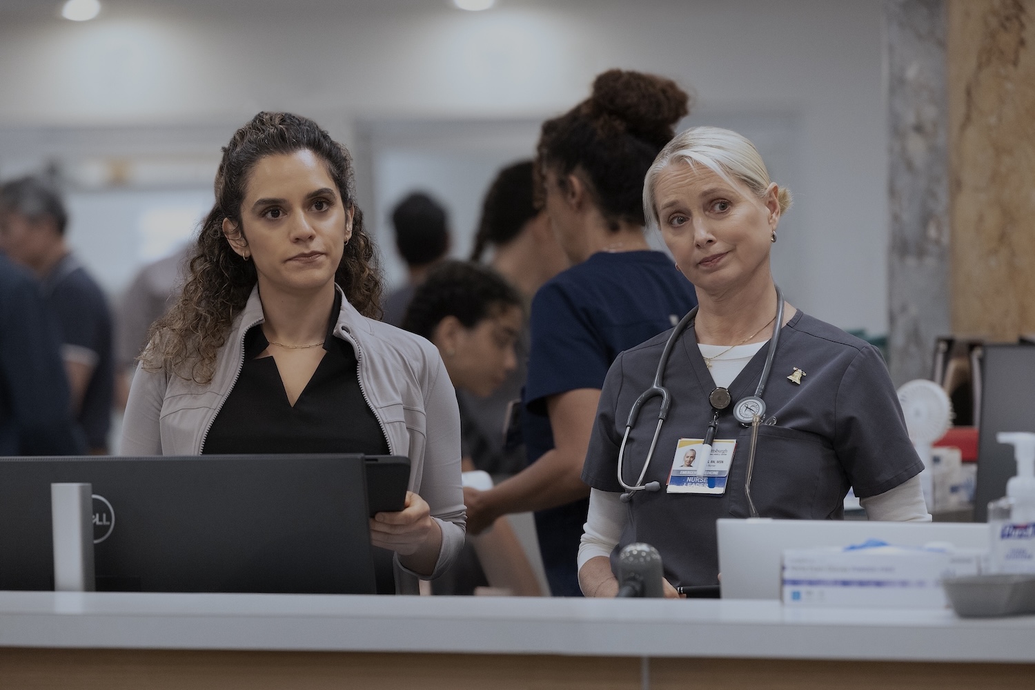 The Pitt Season 2 Episode 3 - Sepideh Moafi, Katherine LaNasa (Warrick Page/HBOMAX) | Tell-Tale TV The officers conclude Tony shot Jackson from behind; Al-Hashimi validated.