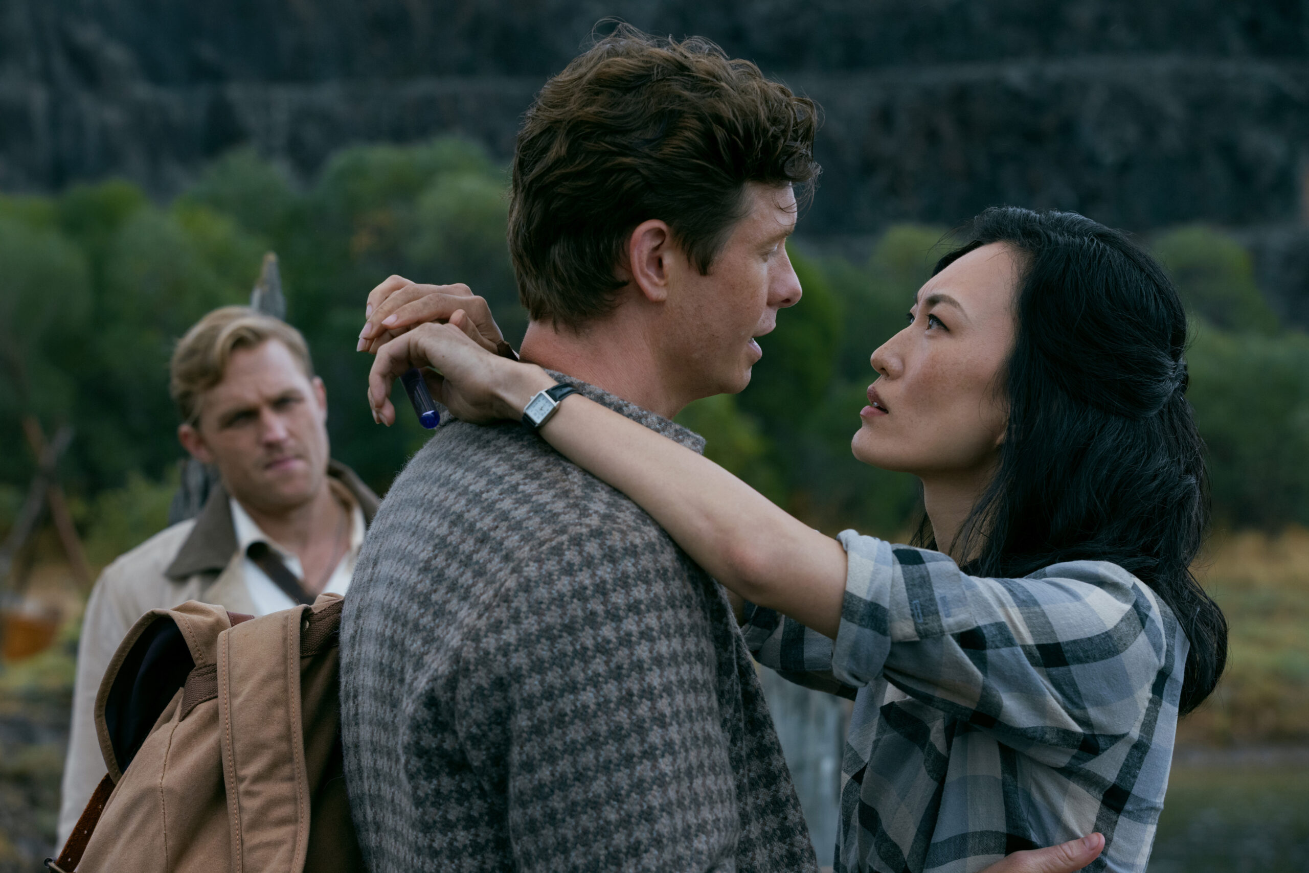 Monarch: Legacy of Monsters Season 2 Episode 3 - Wyatt Russell, Anders Holm and Mari Yamamoto | Tell-Tale TV Still from Monarch: Legacy of Monsters Season 2 Episode 3 o Wyatt Russell, Anders Holm and Mari Yamamoto pictured from left to right.