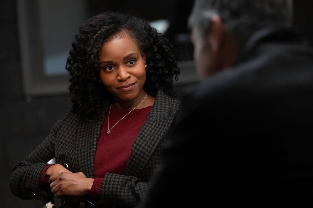 Donna Kelly as Capt. Renee Curry looking at a suspect in the interrogation room.