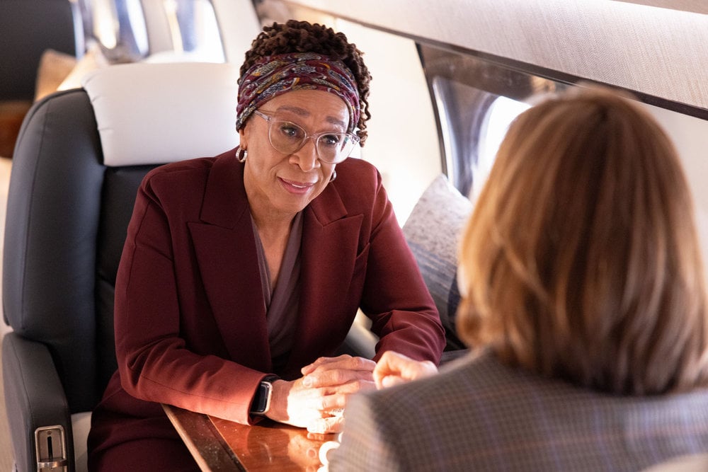 S. como Sharon Goodwin sentada no avião Epatha Merkerson.