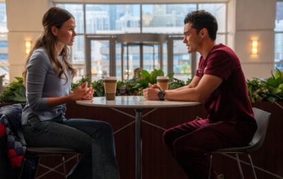 Jocelyn Hudon as Lyla Novak, Darren Barnet as Dr. John Frost sitting at the ED's cafeteria. Chicago Fire Season 14 Episode 12 Review: Coming in Hot 