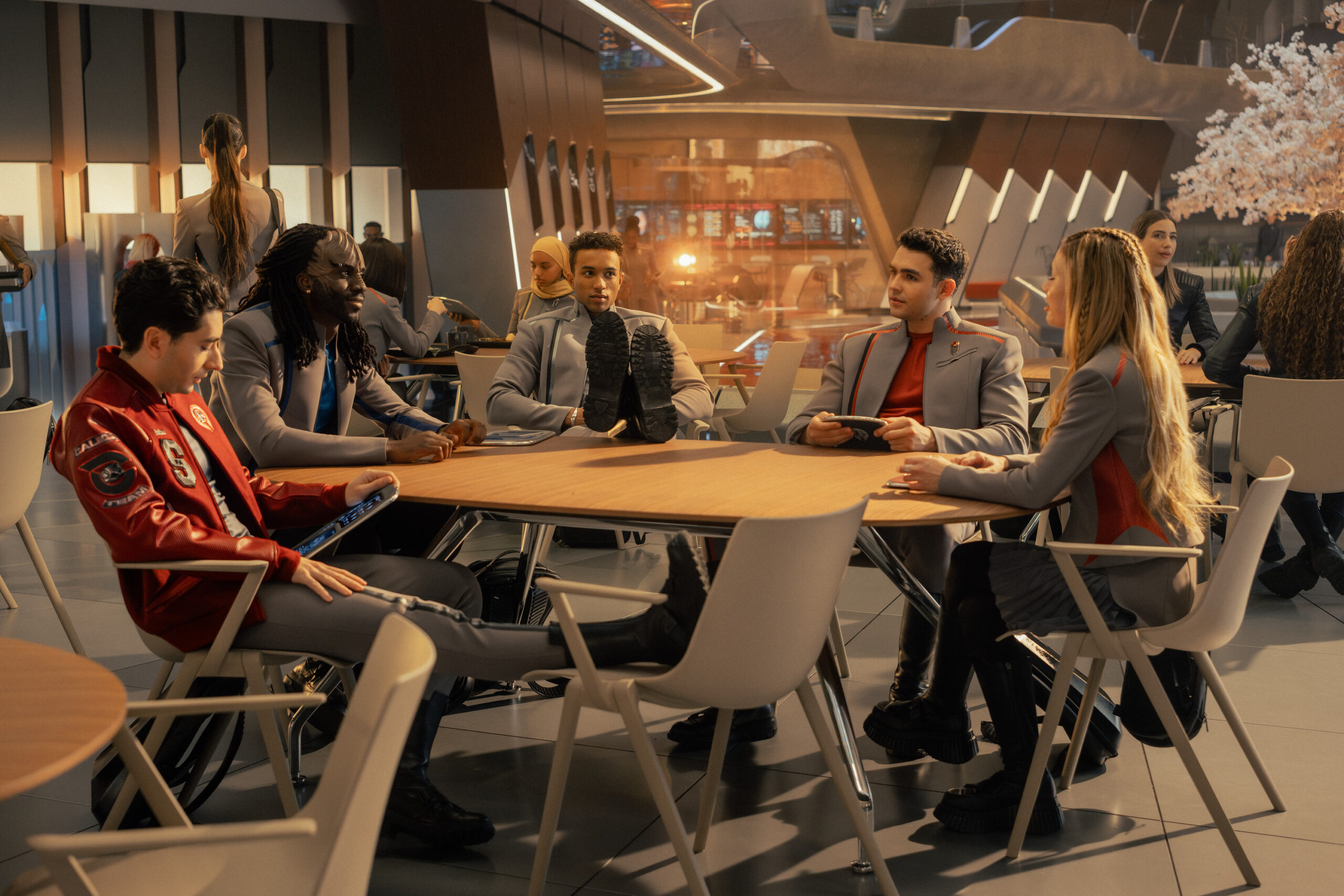 Still from Star Trek: Starfleet Academy Season 1 Episode 5 of Romeo Carere as Ocam, Karim Diané as Jay-Den, Sandro Rosta as Caleb, George Hawkins as Darem, and Bella Shepard as Genesis pictured from left to right.