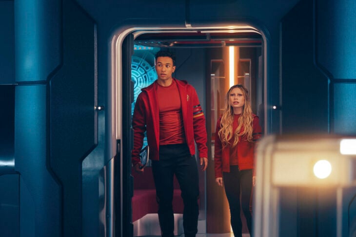 Still from Star Trek: Starfleet Academy Season 1 Episode 7 of Sandro Rosta as Caleb and Bella Shepard as Genesis pictured from left to right