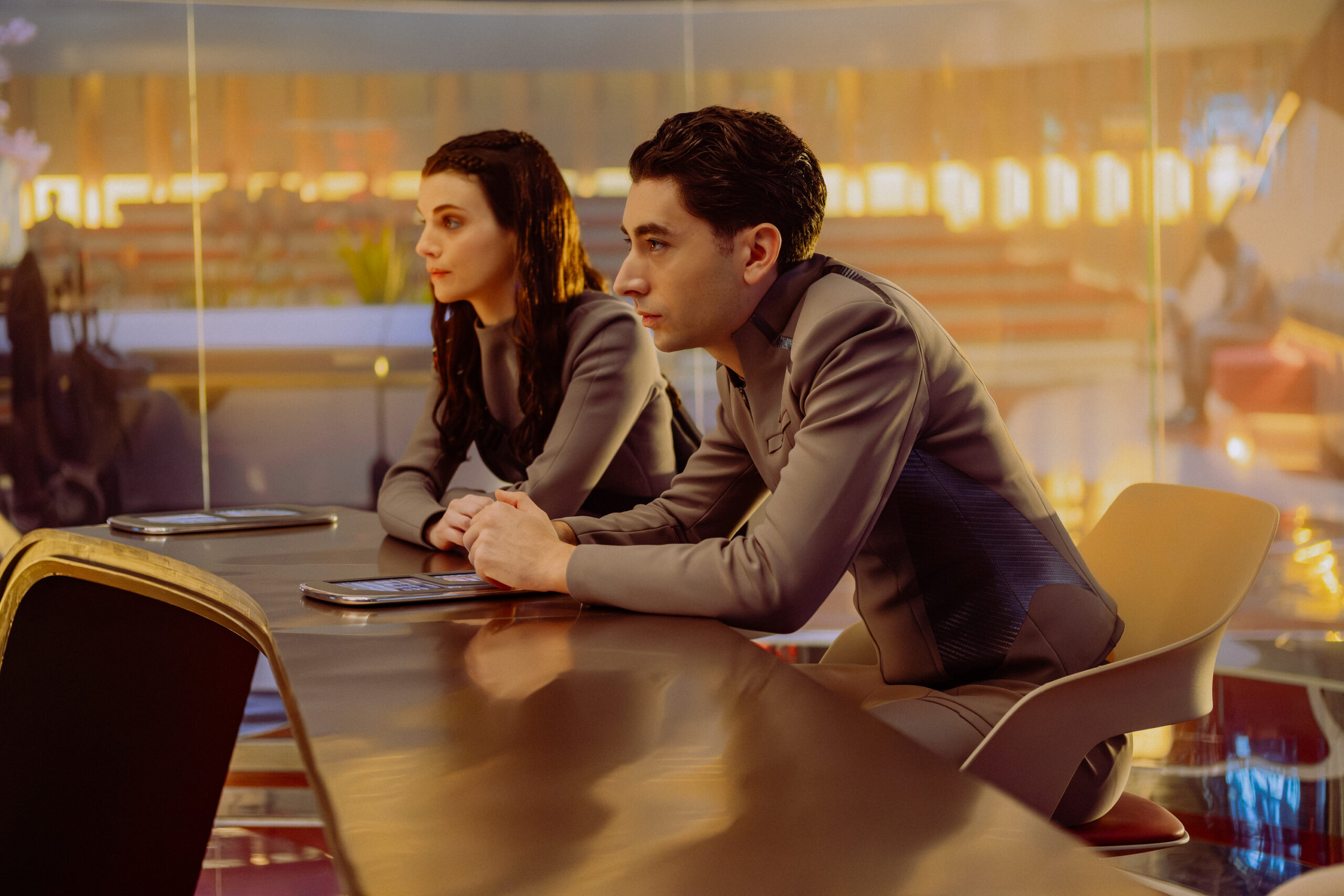 Still from Star Trek: Starfleet Academy Season 1 Episode 8 of Zoë Steiner as Tarima and Romeo Carere as Ocam pictured from left to right.