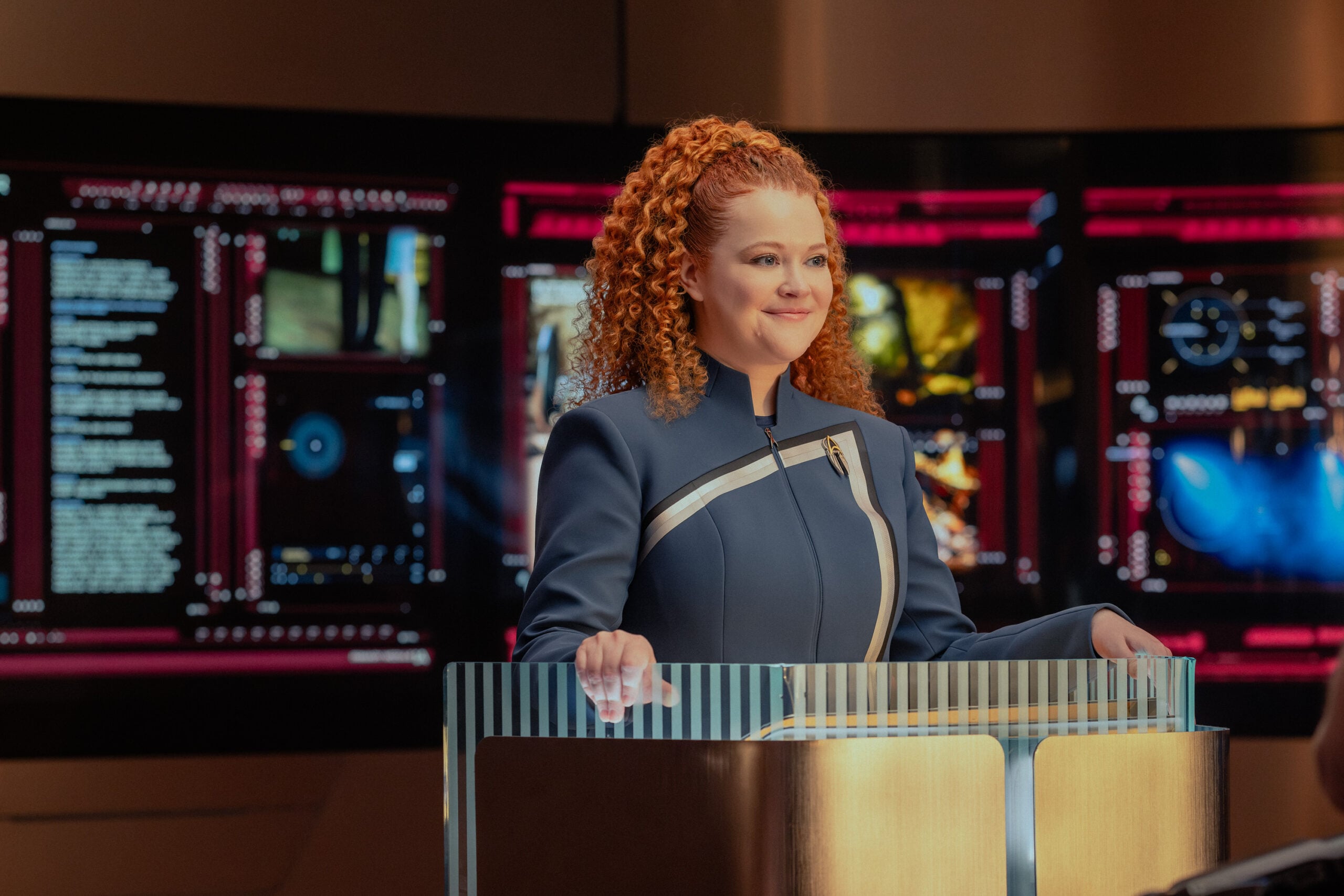 Still from Star Trek: Starfleet Academy Season 1 Episode 8 of Mary Wiseman as Tilly.