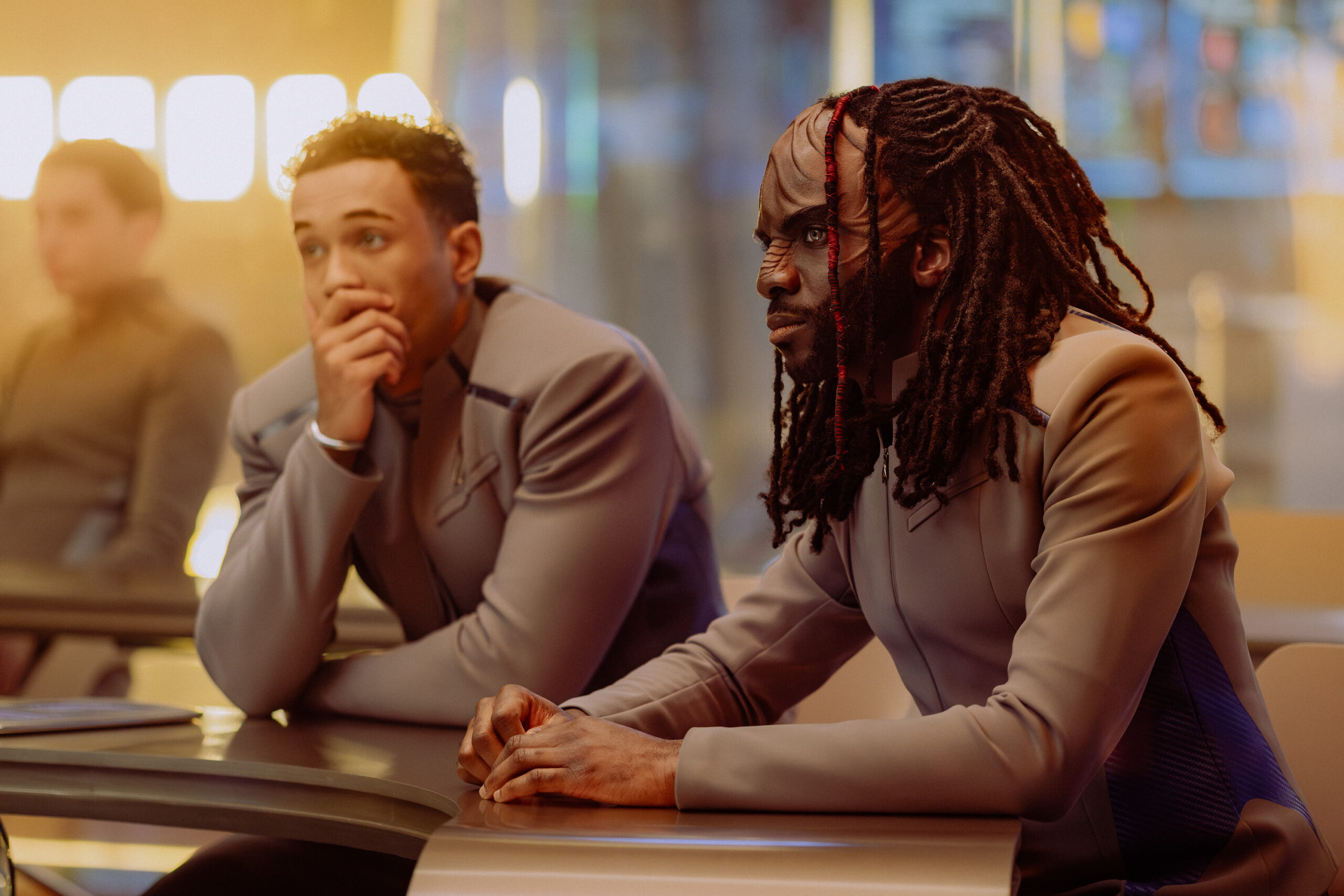 Still from Star Trek: Starfleet Academy Season 1 Episode 8 of Sandro Rosta as Caleb and Karim Diané as Jay-Den pictured from left to right.