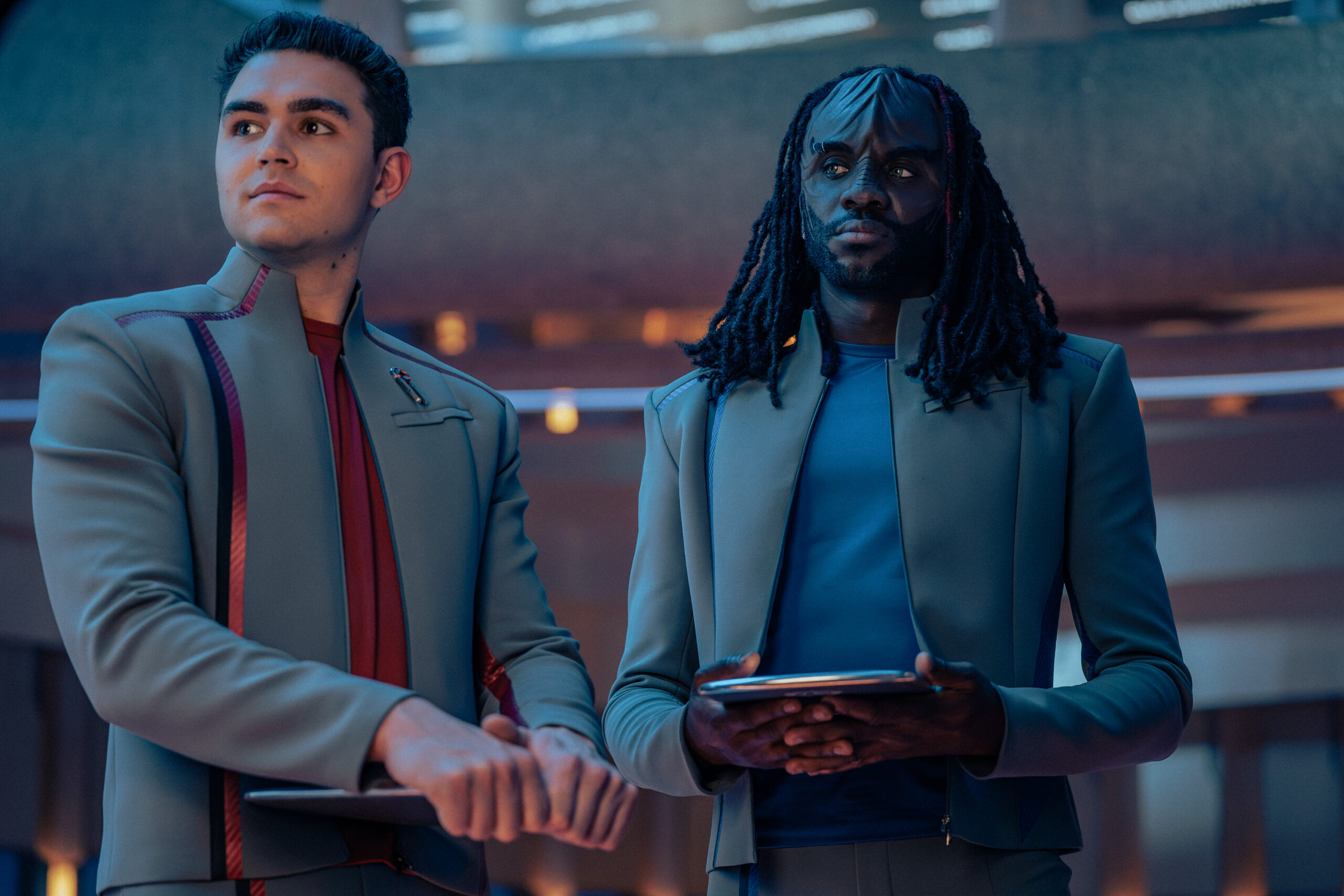 Still from Star Trek: Starfleet Academy Season 1 Episode 8 of George Hawkins as Darem and Karim Diané as Jay-Den pictured from left to right.