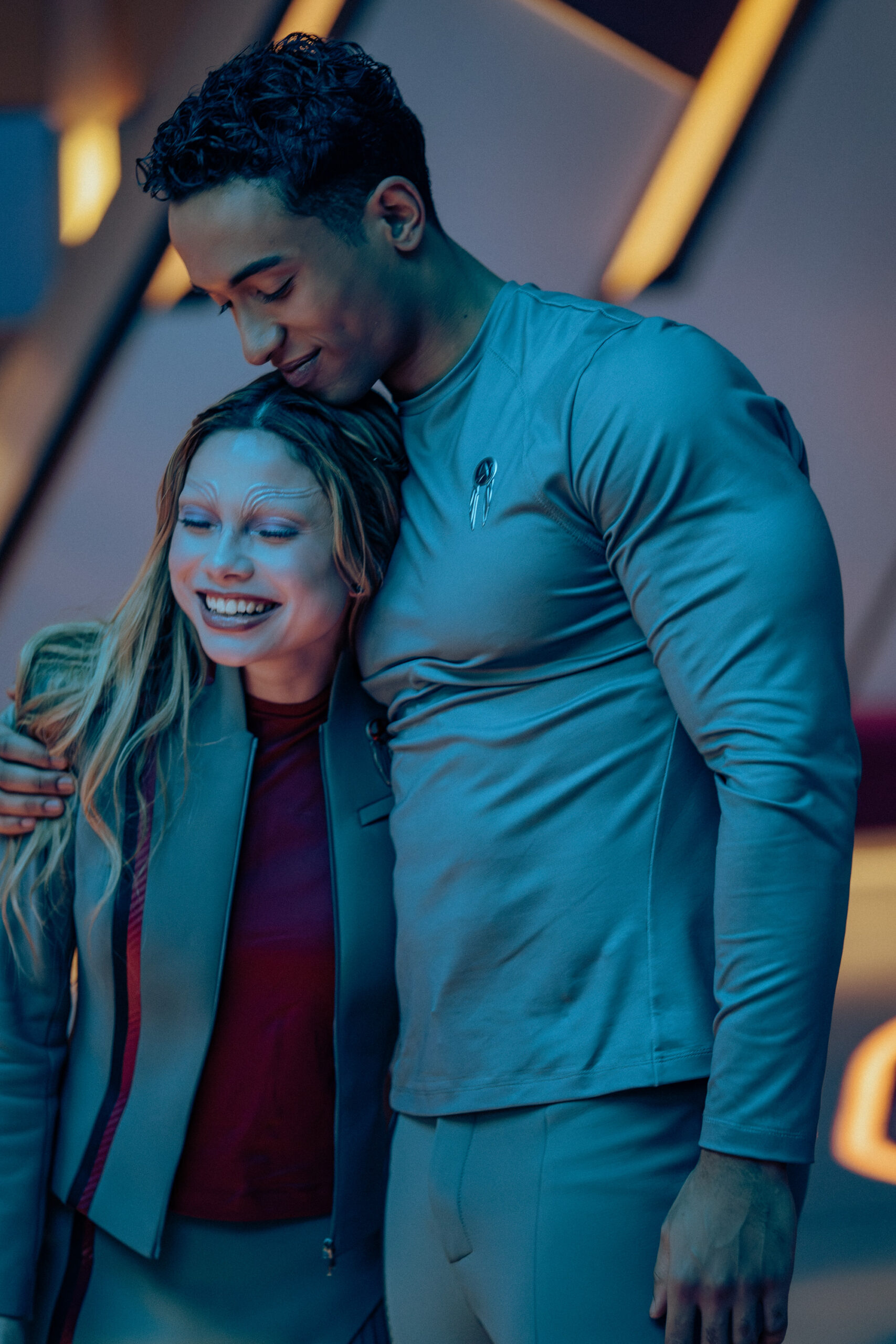 Still from Star Trek: Starfleet Academy Season 1 Episode 8 of Bella Shepard as Genesis and Sandro Rosta as Caleb pictured from left to right.