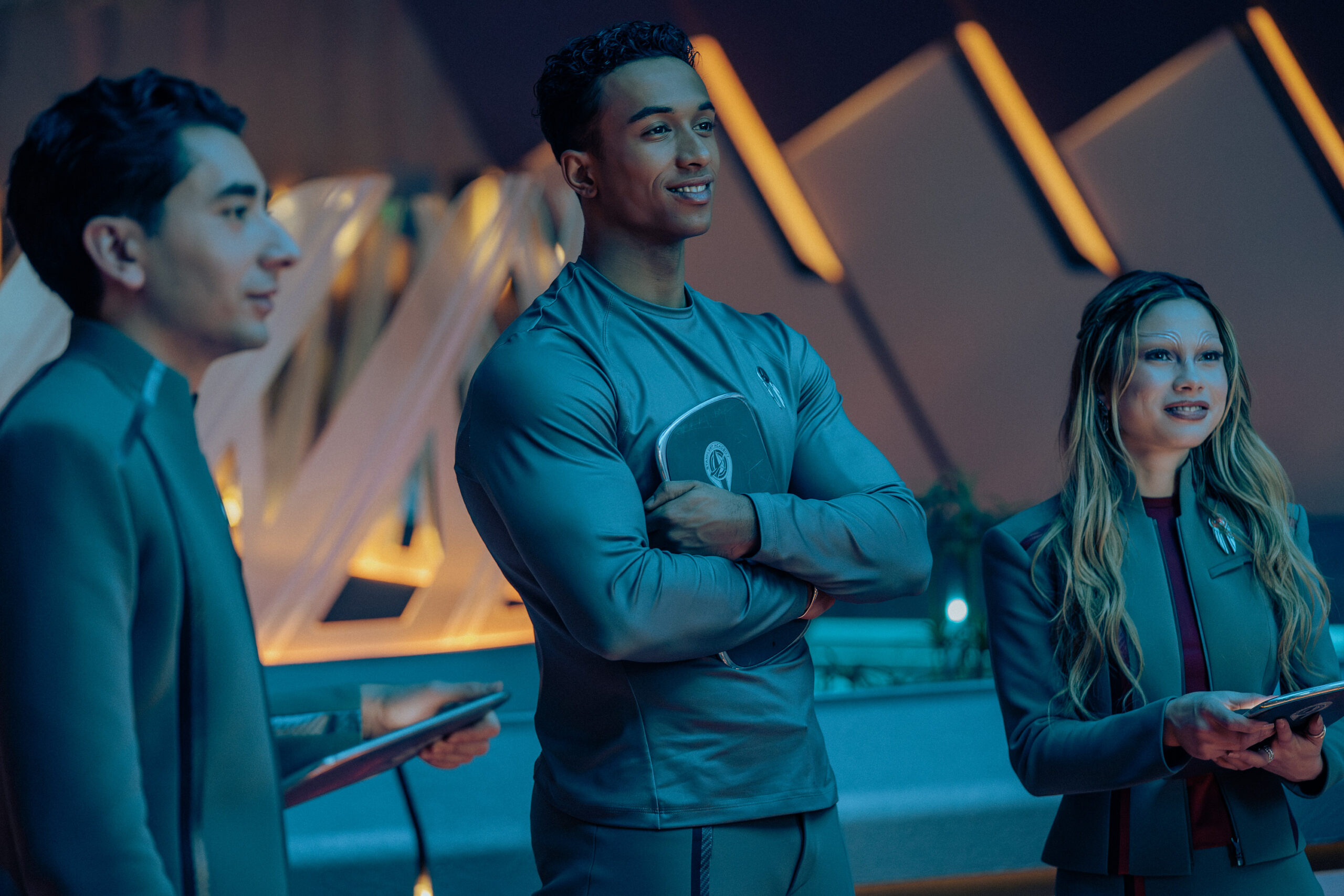 Still from Star Trek: Starfleet Academy Season 1 Episode 8 of Romeo Carere as Ocam, Sandro Rosta as Caleb, and Bella Shepard as Genesis pictured from left to right
