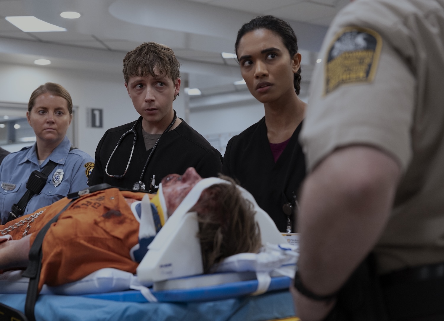 Medic Harley brings in Roxie; Medic Bashir brings in badly beaten Gus Varney.