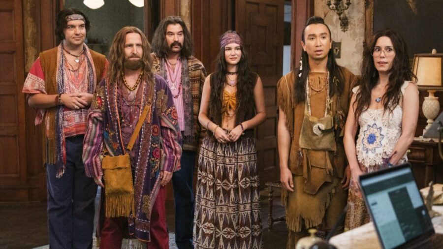 “The Others” – GHOSTS. Pictured: Will Greenberg as Bruce, Román Zaragoza as Sasappis, and Sheila Carrasco as Flower (Bertrand Calmeau/CBS)