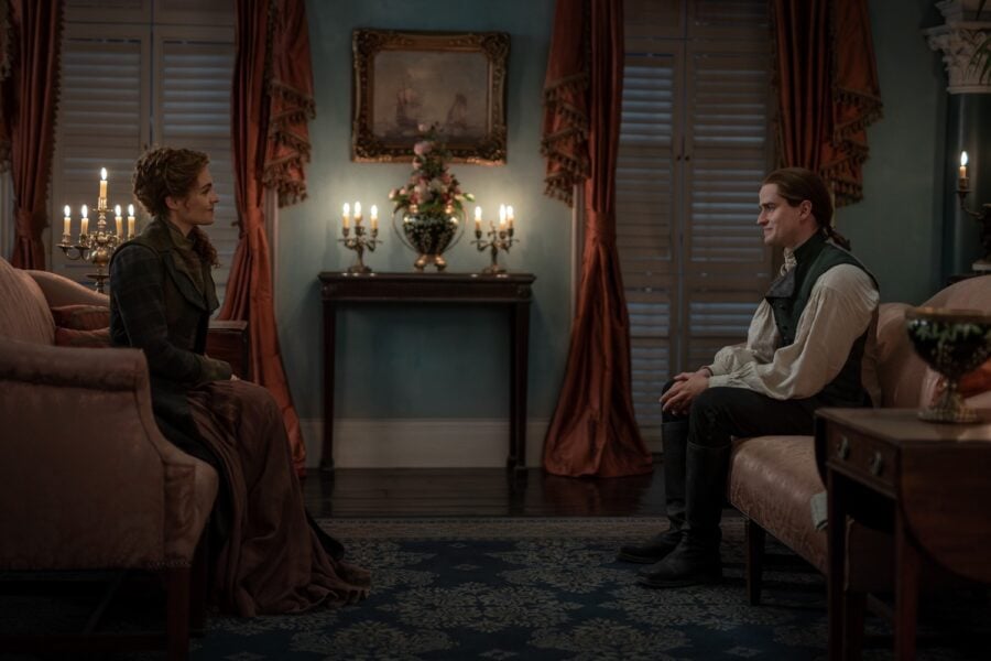 Outlander Season 8 — Sophie Skelton (“Brianna Fraser MacKenzie”) and Charles Vandervaart (“William Ransom”). Photo Courtesy of STARZ