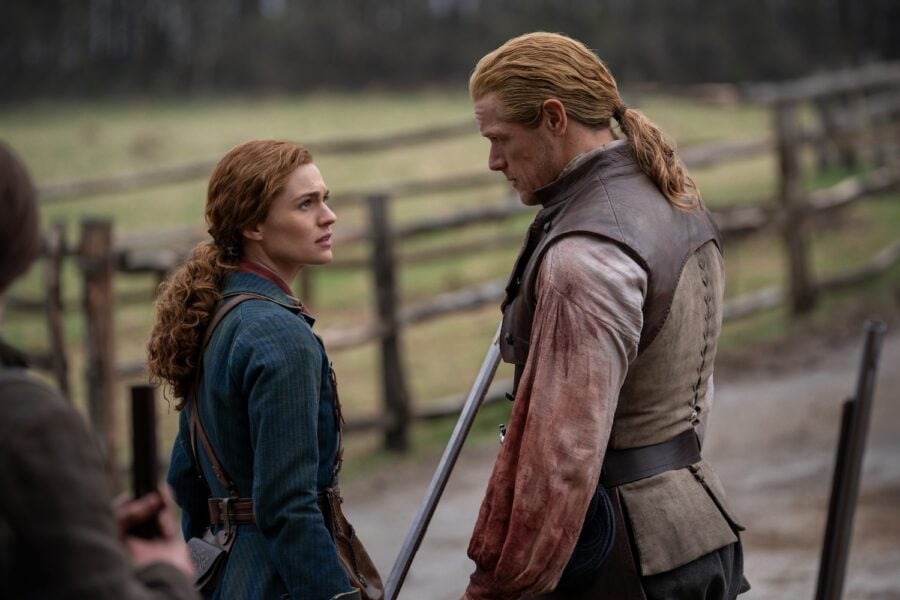 Outlander Season 8 — Sophie Skelton (“Brianna Fraser MacKenzie”) and Sam Heughan ("Jamie Fraser"). Photo Courtesy of STARZ