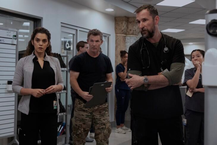 The Pitt Season 2 Episode 8 - Sepideh Moafi, Shawn Hatosy, Noah Wyle, Kristin Villanueva (Photograph by Warrick Page/HBO Max)
